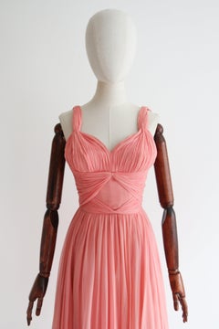 Vintage 1940's rose peach silk chiffon pleated bodice delphos dress UK 6 US 2