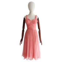 Vintage 1940's rose peach silk chiffon pleated bodice delphos dress UK 6 US 2