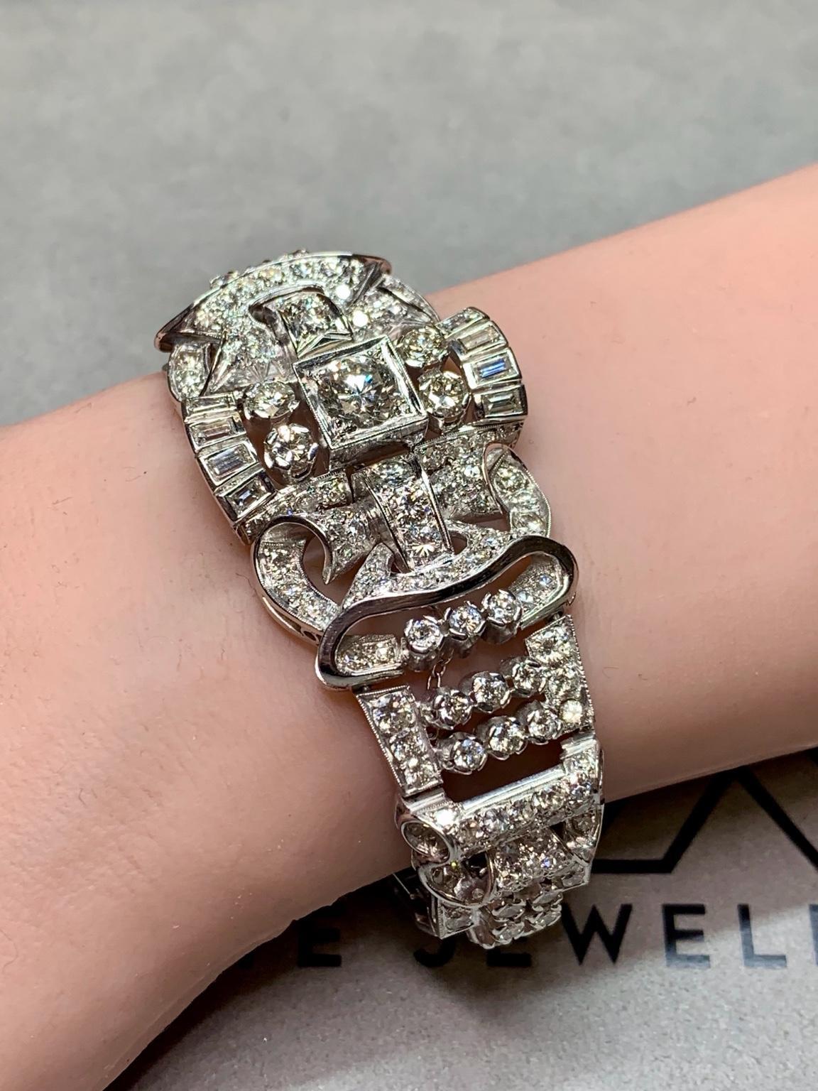 Bracciale da cocktail in platino con diamanti tondi a baguette d'epoca degli anni '40 16,34ctw 7