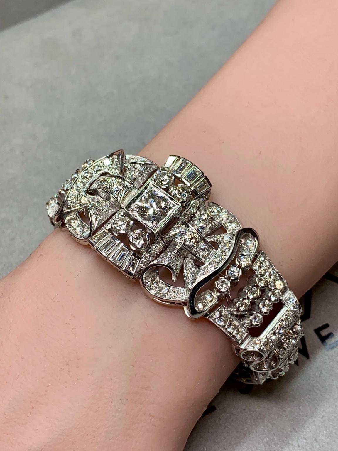 Bracciale da cocktail in platino con diamanti tondi a baguette d'epoca degli anni '40 16,34ctw 7