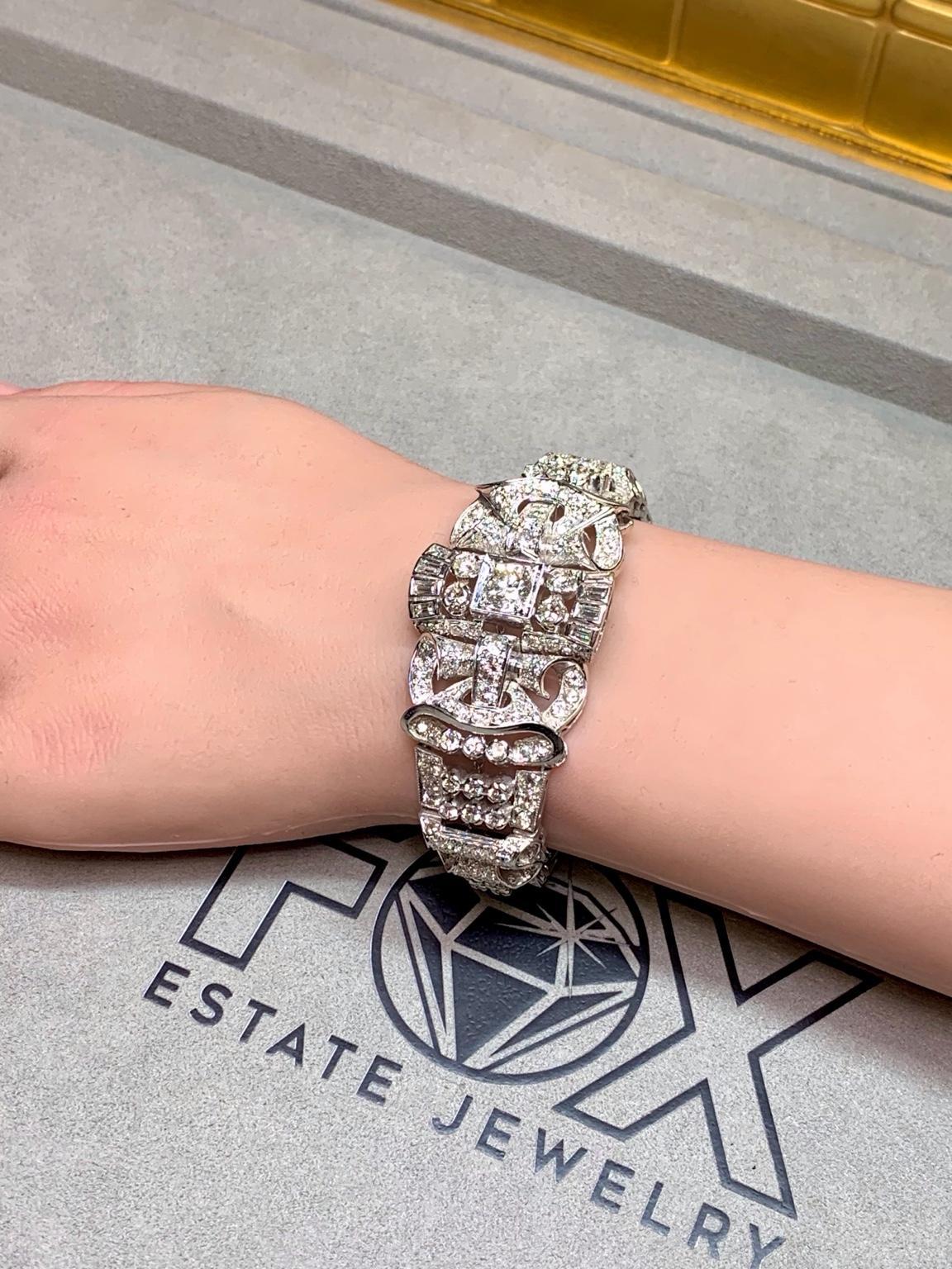 Bracciale da cocktail in platino con diamanti tondi a baguette d'epoca degli anni '40 16,34ctw 7