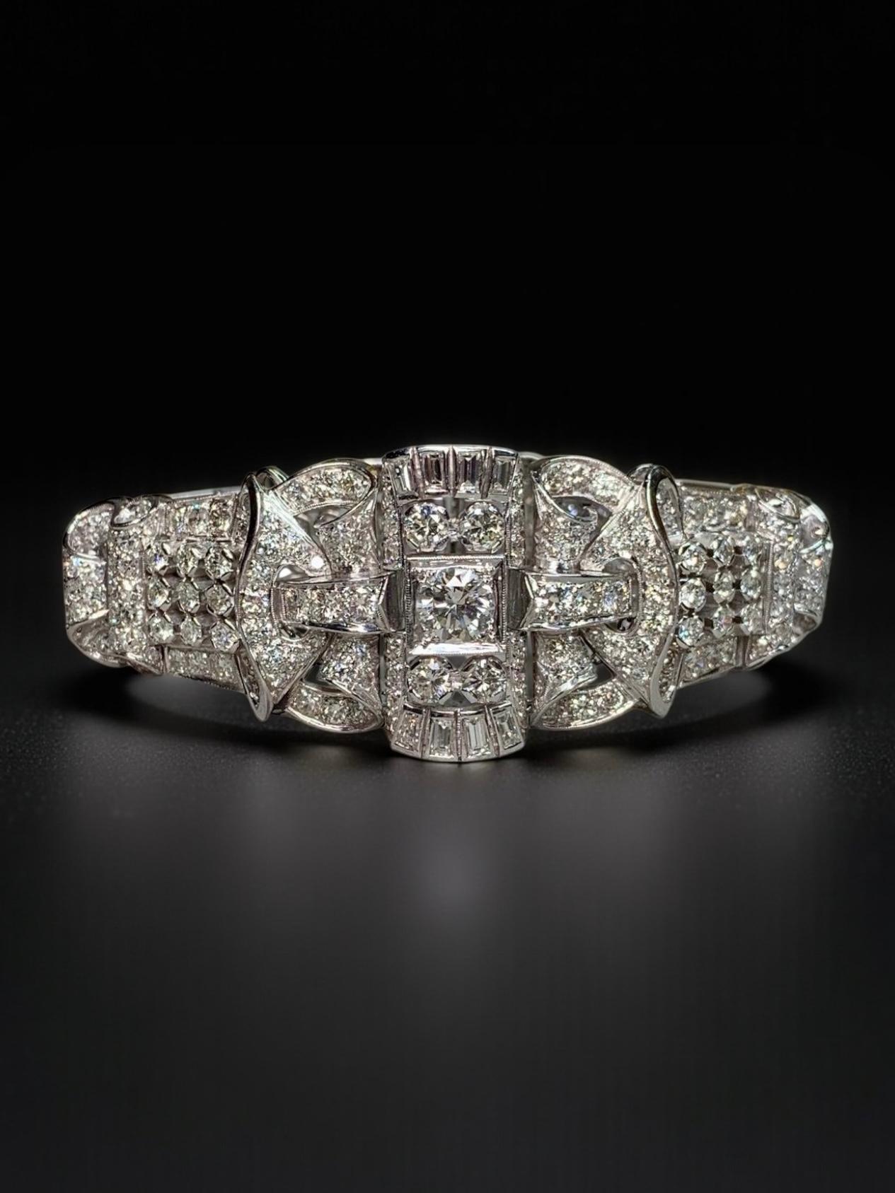 Bracciale da cocktail in platino con diamanti tondi a baguette d'epoca degli anni '40 16,34ctw 7