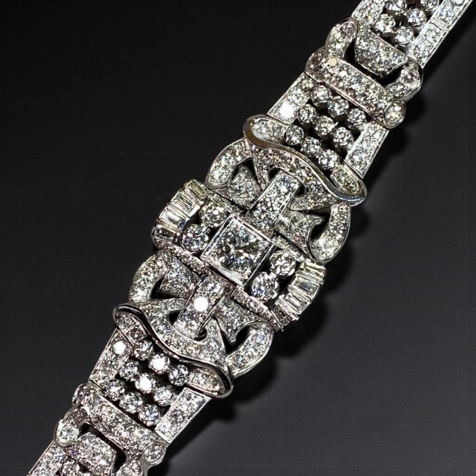Bracciale da cocktail in platino con diamanti tondi a baguette d'epoca degli anni '40 16,34ctw 7
