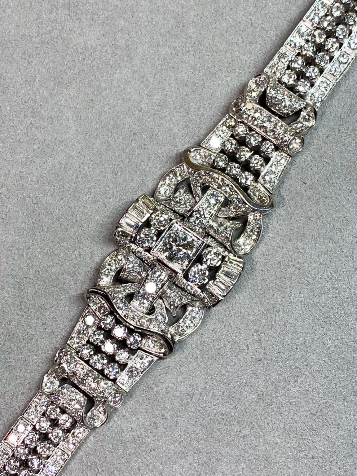 Rétro Bracciale da cocktail in platino con diamanti tondi a baguette d'epoca degli anni '40 16,34ctw 7