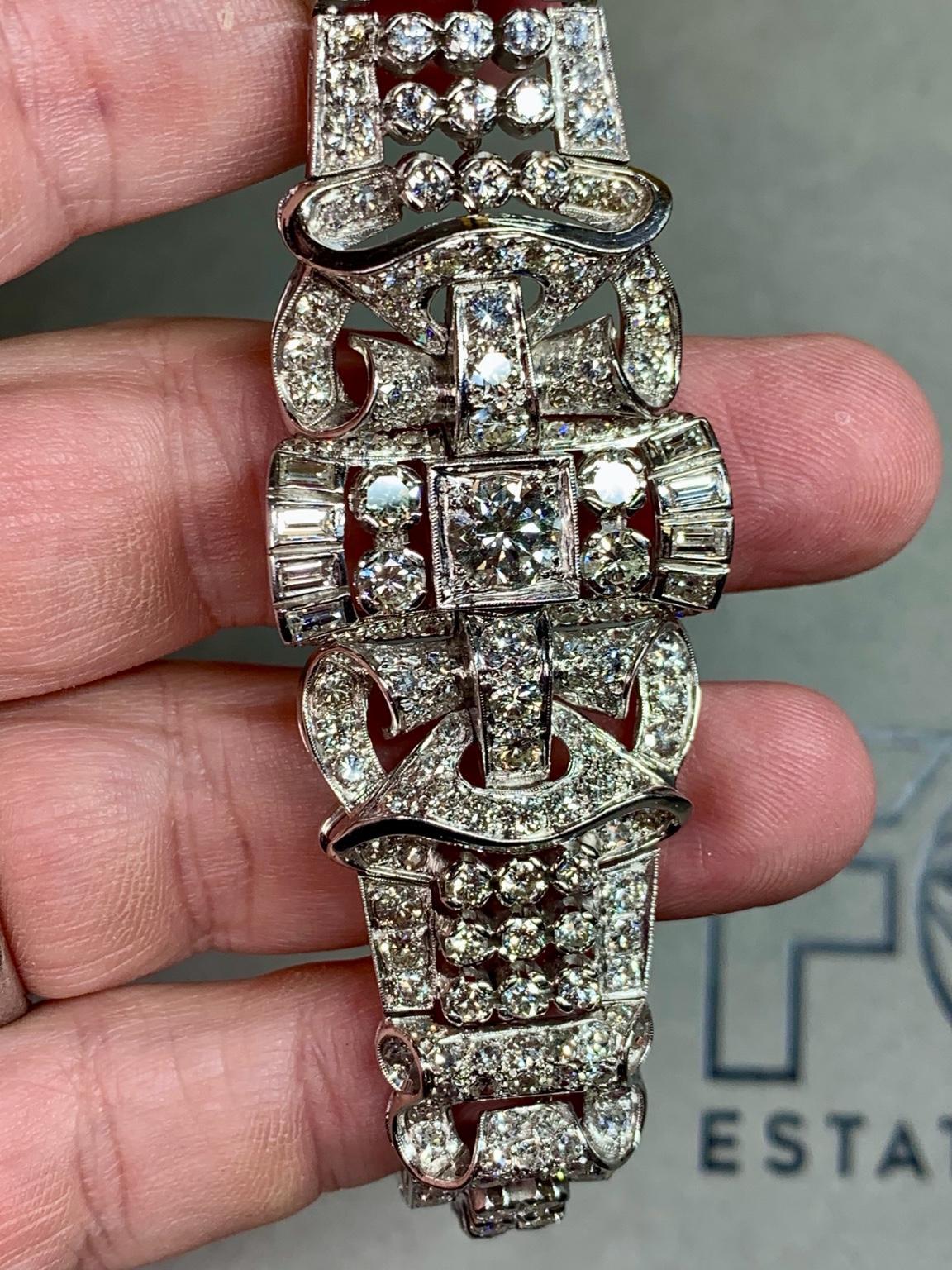 da uomo o donna Bracciale da cocktail in platino con diamanti tondi a baguette d'epoca degli anni '40 16,34ctw 7