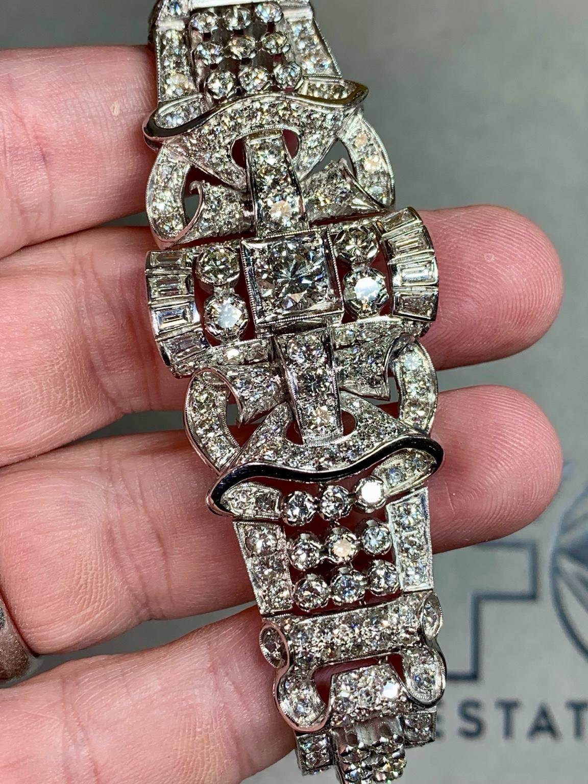 Bracciale da cocktail in platino con diamanti tondi a baguette d'epoca degli anni '40 16,34ctw 7