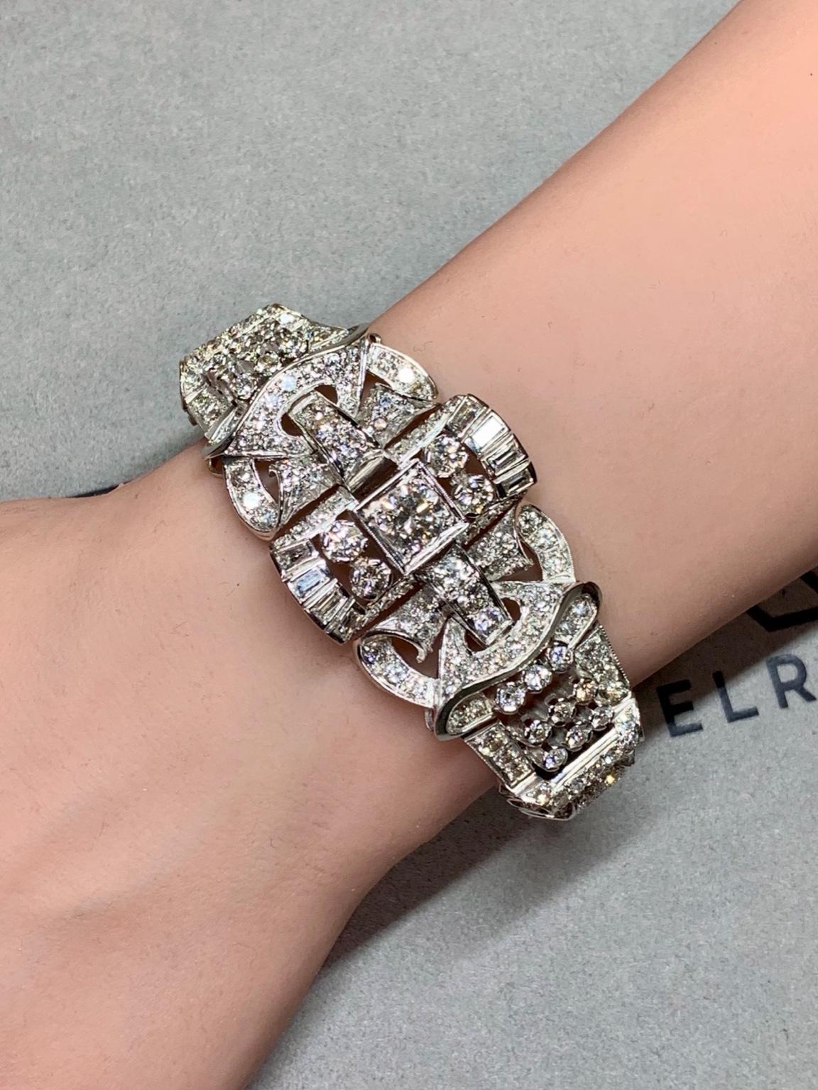 Bracciale da cocktail in platino con diamanti tondi a baguette d'epoca degli anni '40 16,34ctw 7