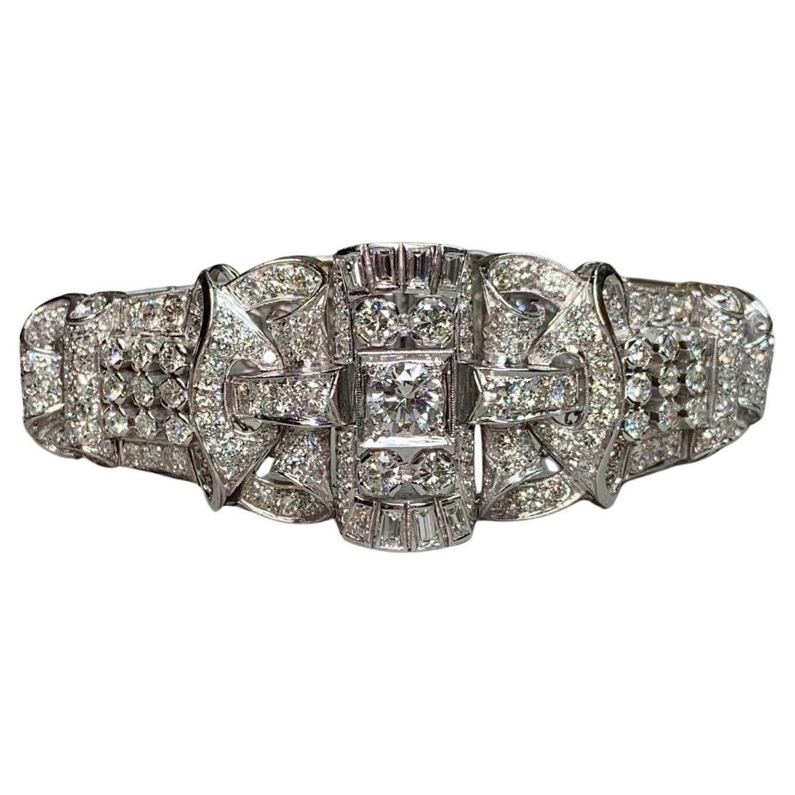 Bracciale da cocktail in platino con diamanti tondi a baguette d
epoca degli anni 
40 16,34ctw 7" in vendita