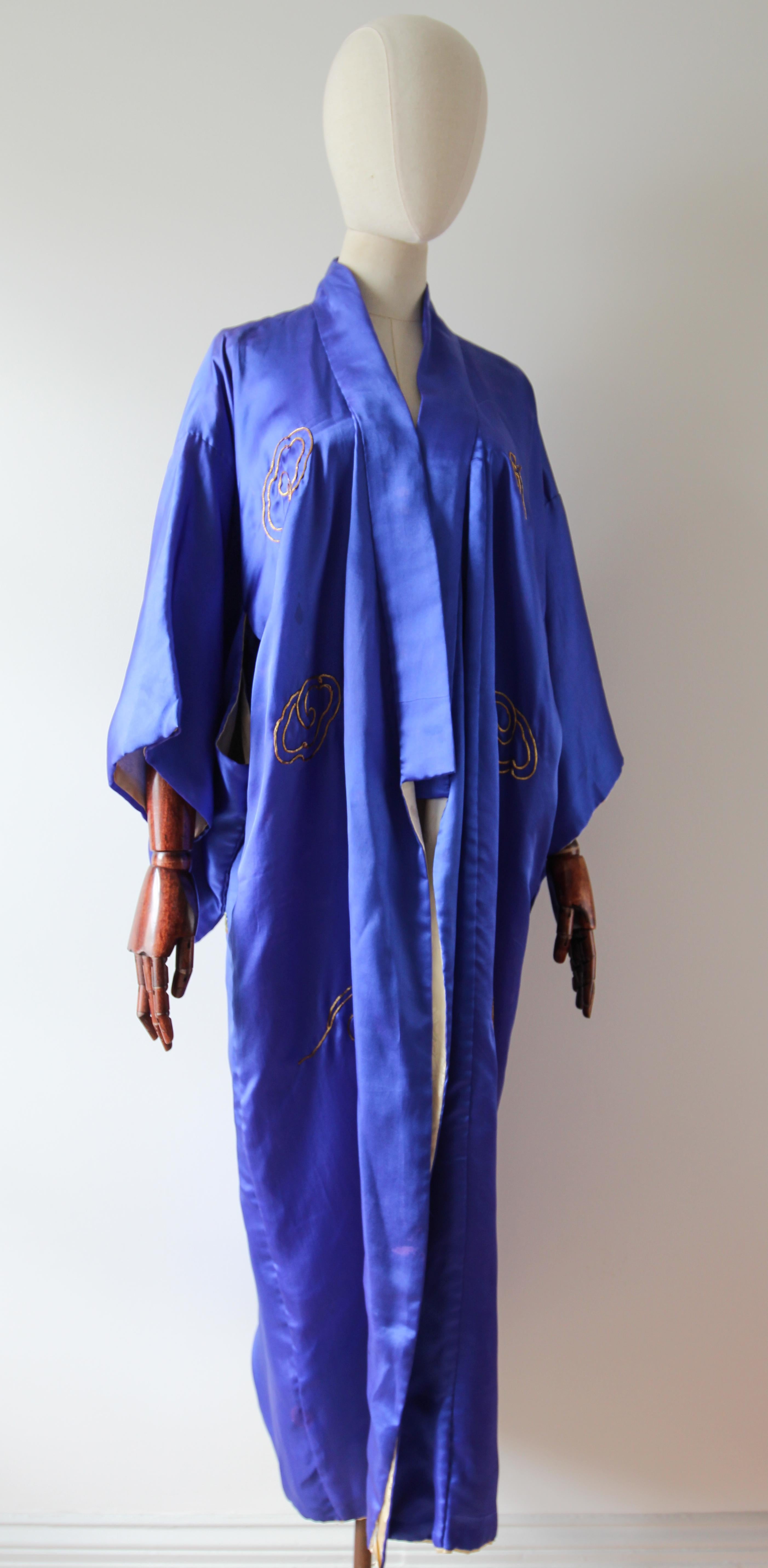 Women's or Men's vintage 1940's royal blue silk gold embroidered dragon kimono robe UK 10-14
