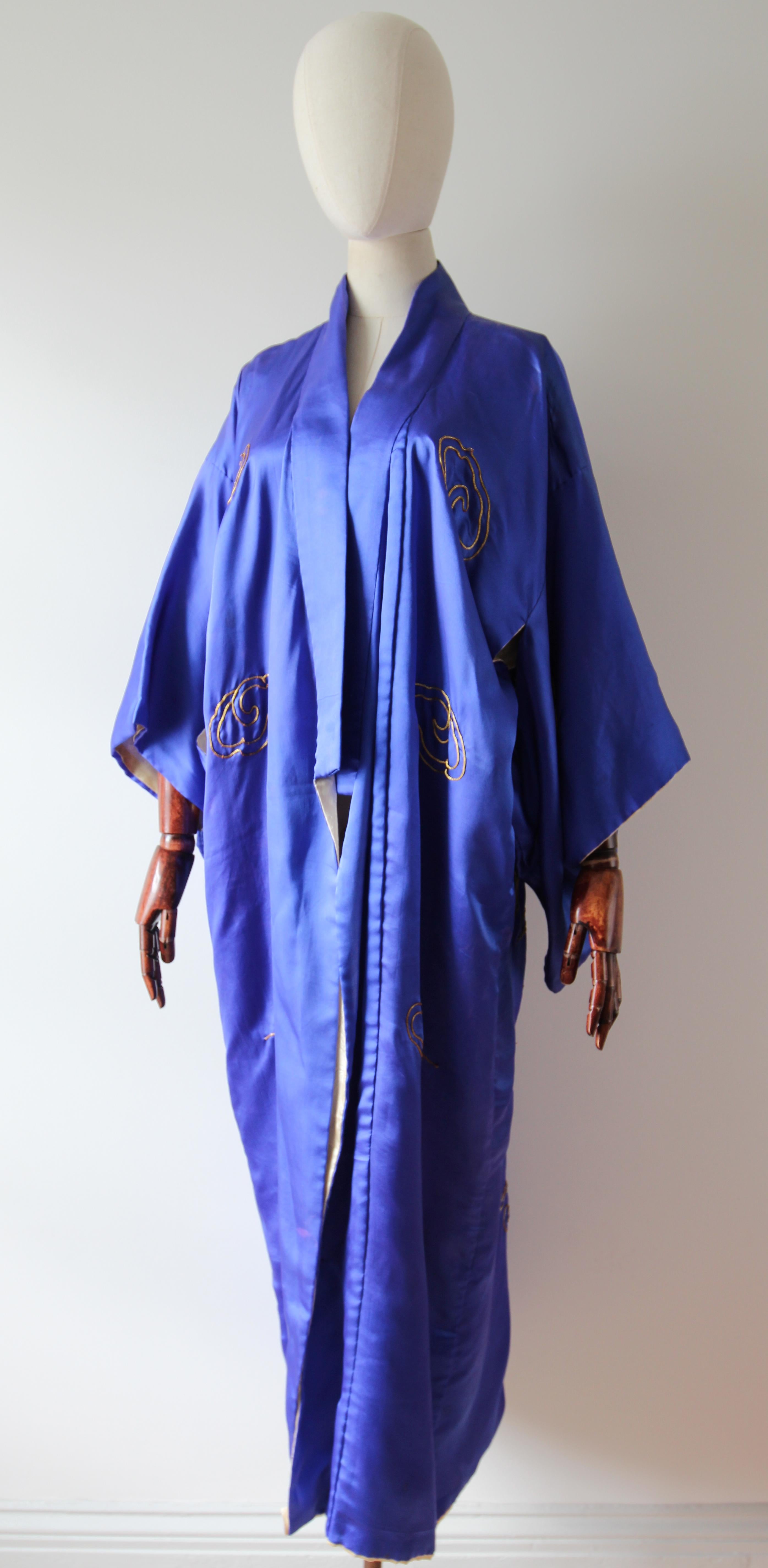 vintage 1940's royal blue silk gold embroidered dragon kimono robe UK 10-14 1