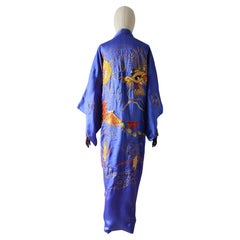 vintage 1940's royal blue silk gold embroidered dragon kimono robe UK 10-14