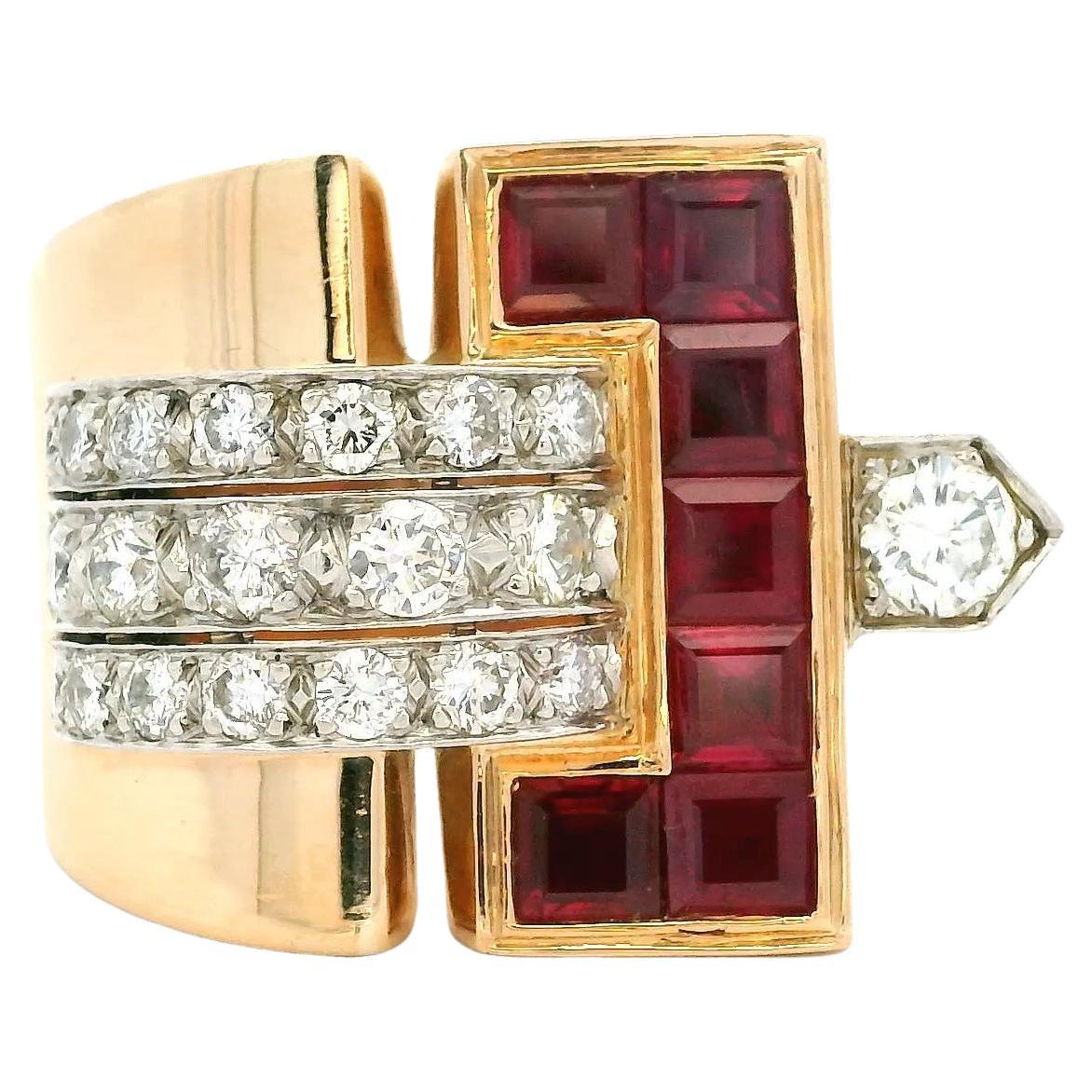 Vintage 1940s Ruby and Diamond Buckle Ring in 18K Yellow Gold – Art Deco Style