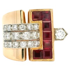 Vintage 1940s Ruby and Diamond Buckle Ring in 18K Yellow Gold – Art Deco Style