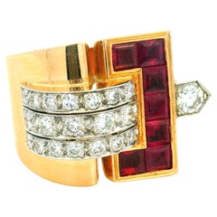 Vintage 1940s Ruby and Diamond Buckle Ring in 18K Yellow Gold – Art Deco Style