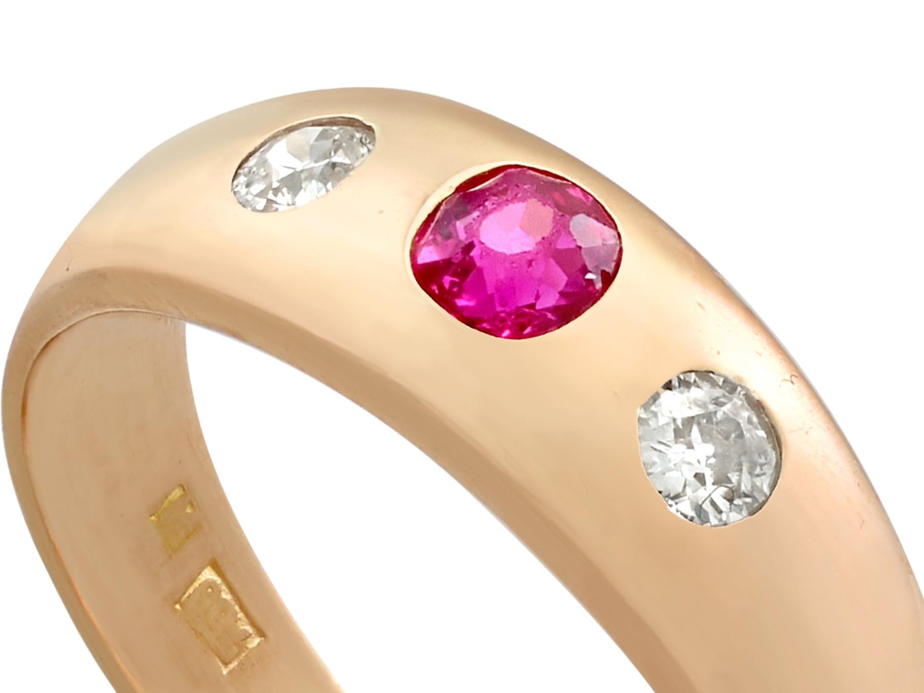 An impressive vintage unisex 0.30 carat ruby and 0.28 carat diamond, 18 carat rose gold dress ring; part of our diverse unisex ring collection

This fine and impressive vintage ruby ring has been crafted in 18ct rose gold.

The plain graduated band