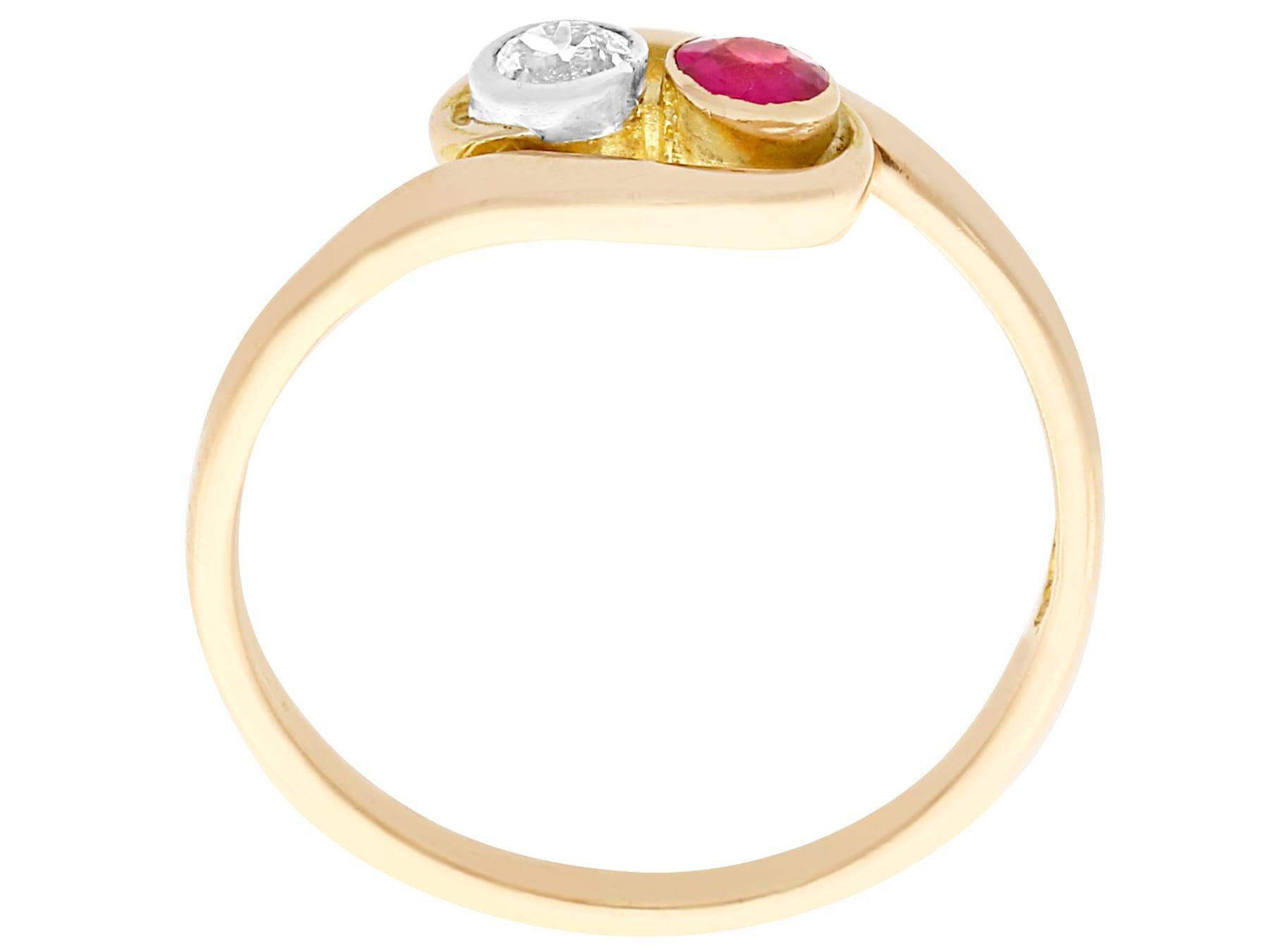 Round Cut Vintage 1940s Ruby and Diamond Yellow Gold Twist Engagement Ring For Sale
