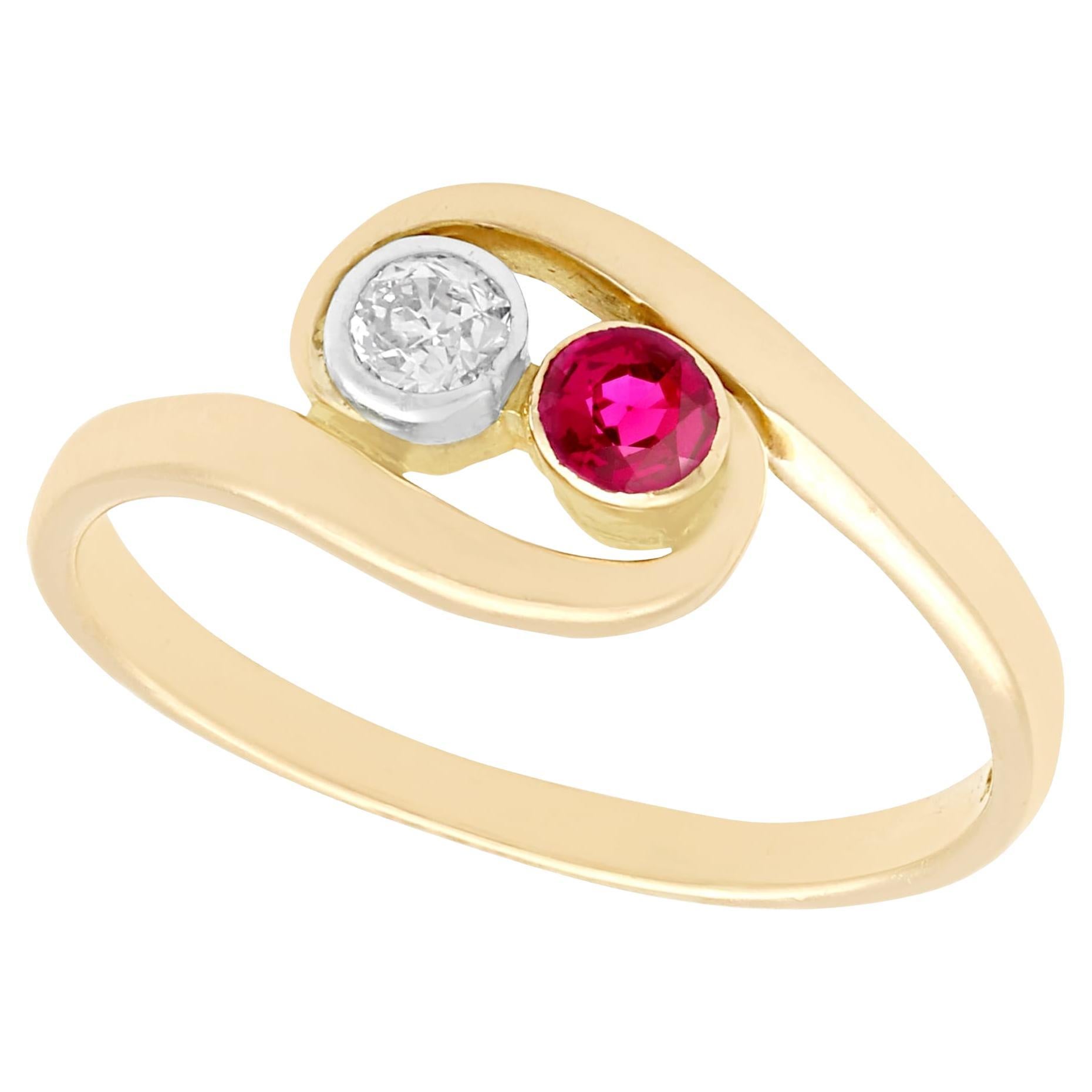 Vintage 1940s Ruby and Diamond Yellow Gold Twist Engagement Ring For Sale