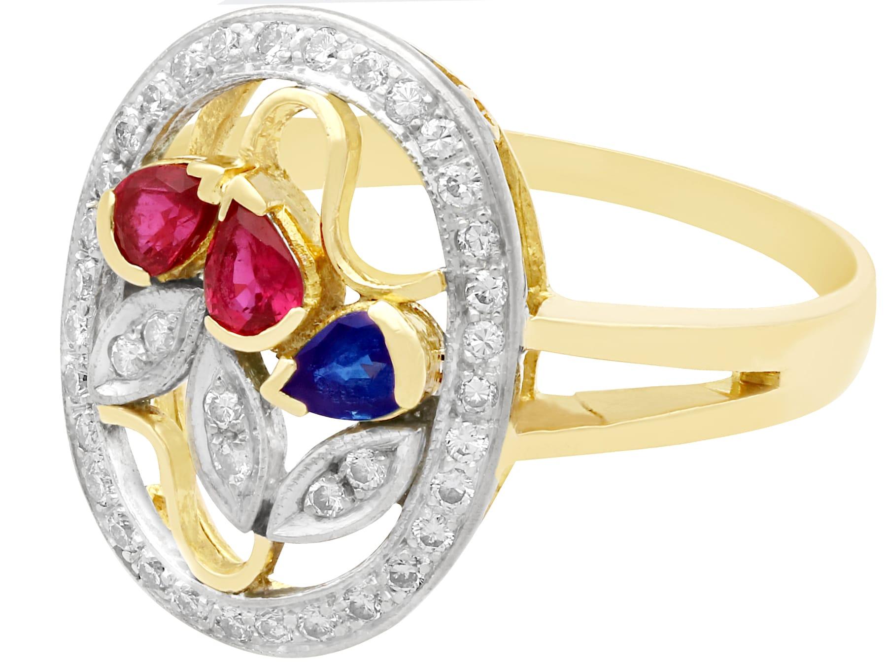 Pear Cut Vintage 1940s Ruby Sapphire Diamond Yellow Gold Cocktail Ring For Sale