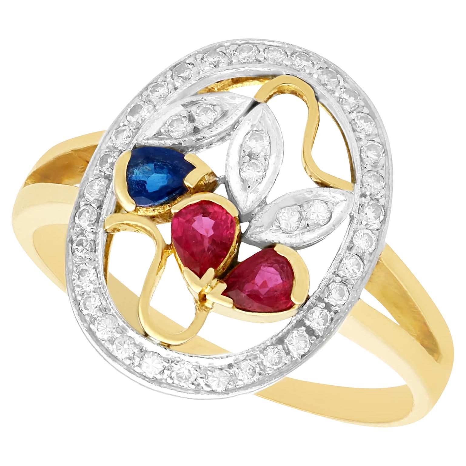 Vintage 1940s Ruby Sapphire Diamond Yellow Gold Cocktail Ring For Sale