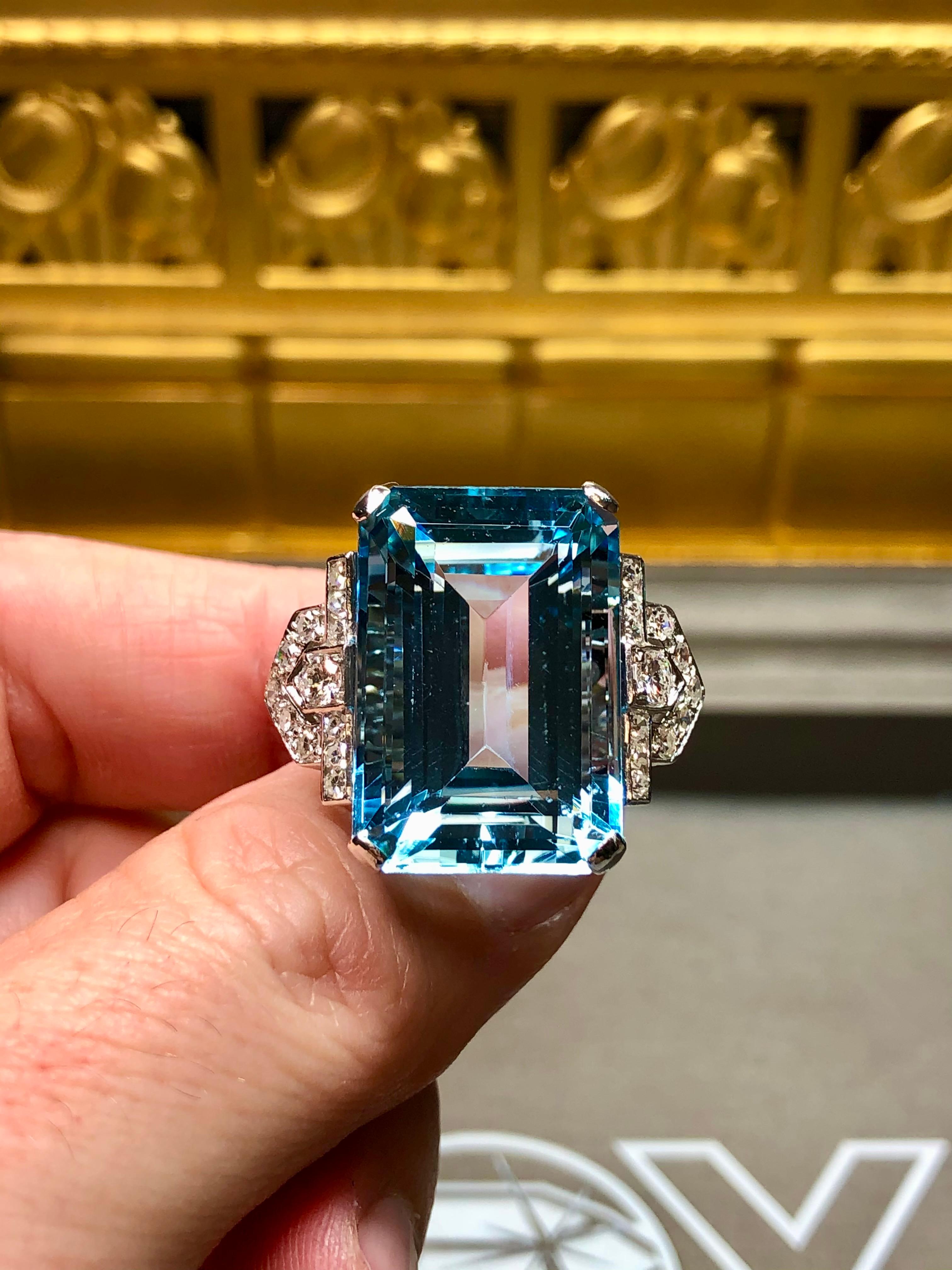 Vintage 1940’s Santa Maria Aquamarine Diamond Large Cocktail Ring 31.55ct GIA 4