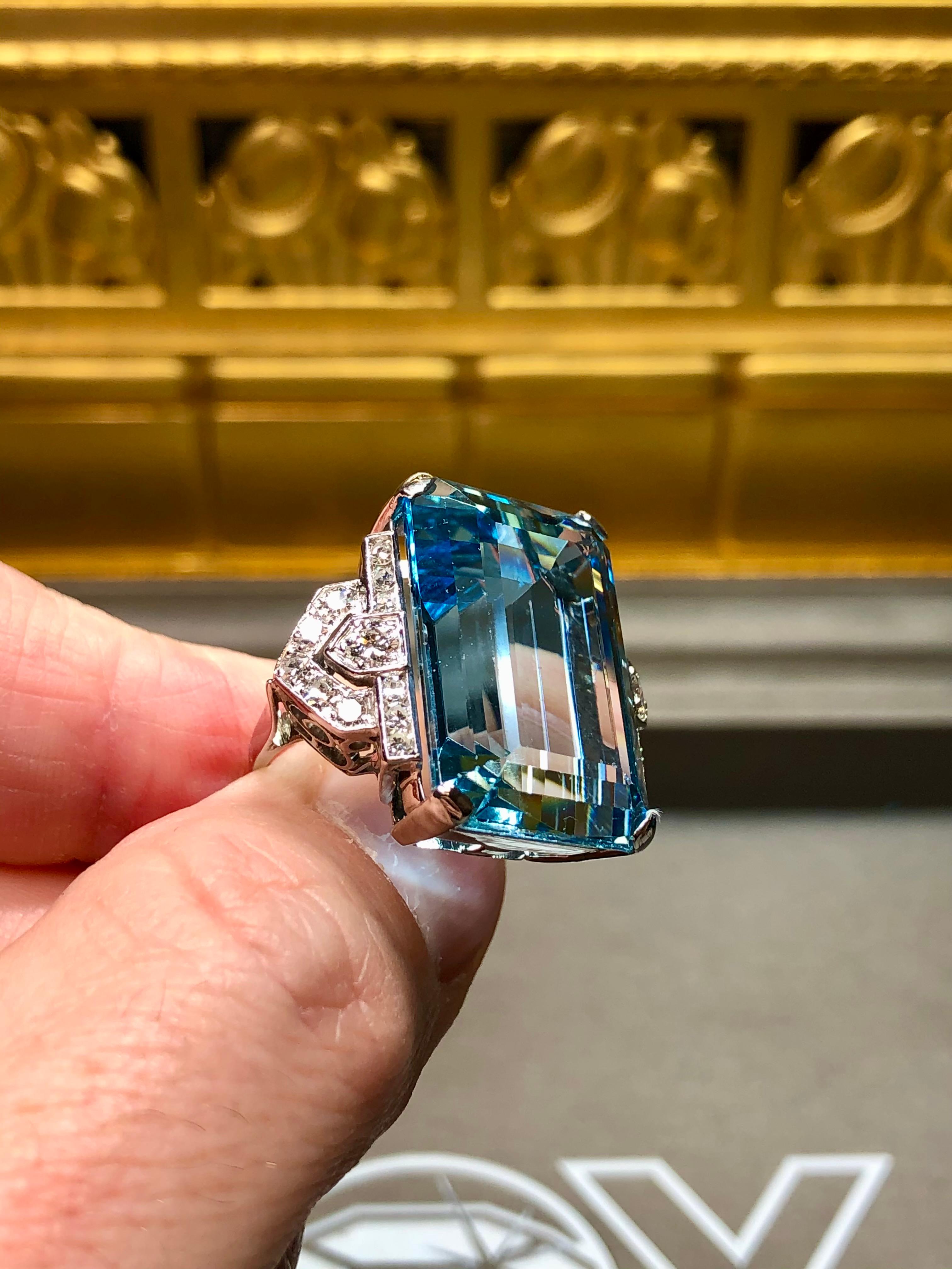 Vintage 1940’s Santa Maria Aquamarine Diamond Large Cocktail Ring 31.55ct GIA 5