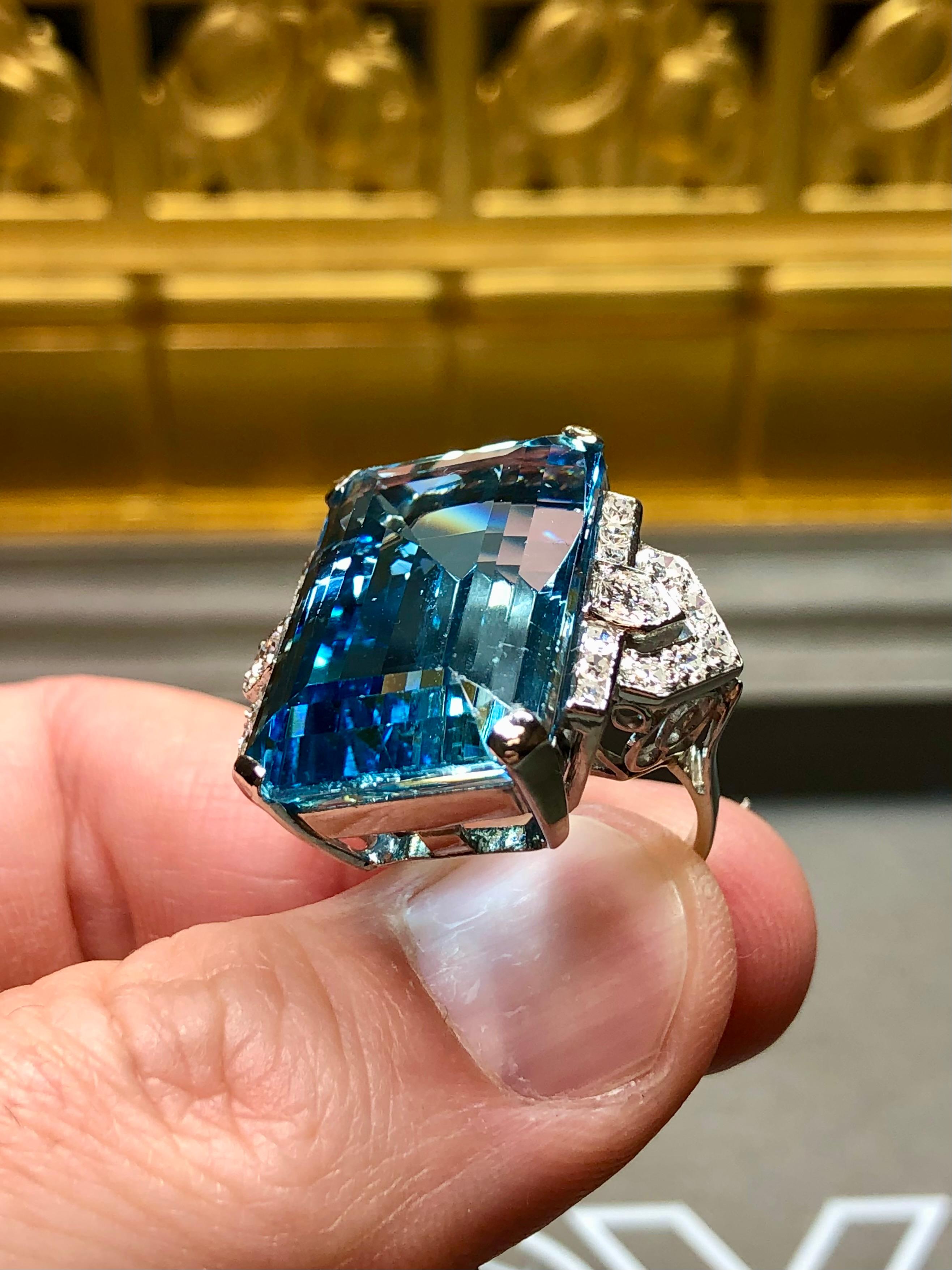 Vintage 1940’s Santa Maria Aquamarine Diamond Large Cocktail Ring 31.55ct GIA 6