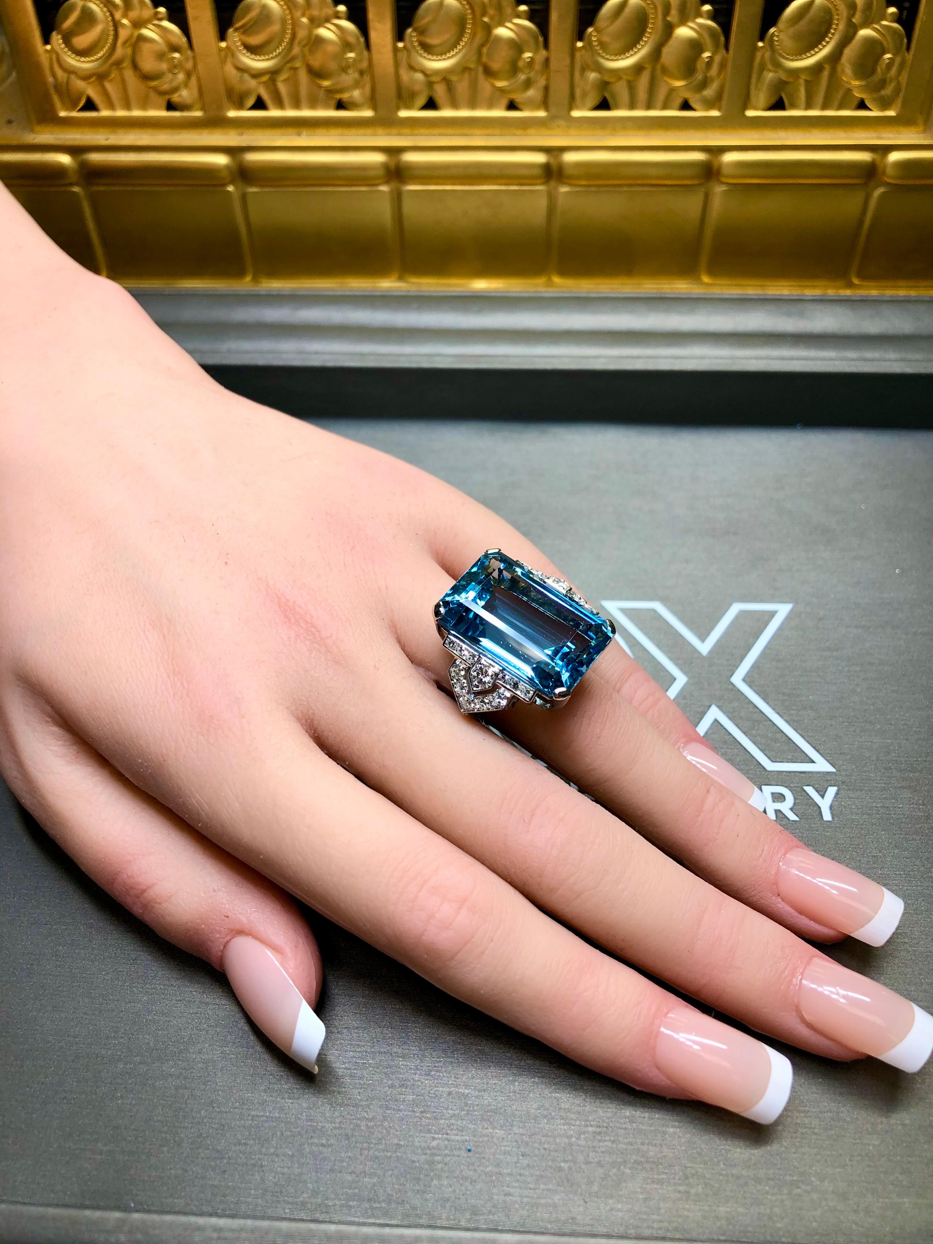 Vintage 1940’s Santa Maria Aquamarine Diamond Large Cocktail Ring 31.55ct GIA 8