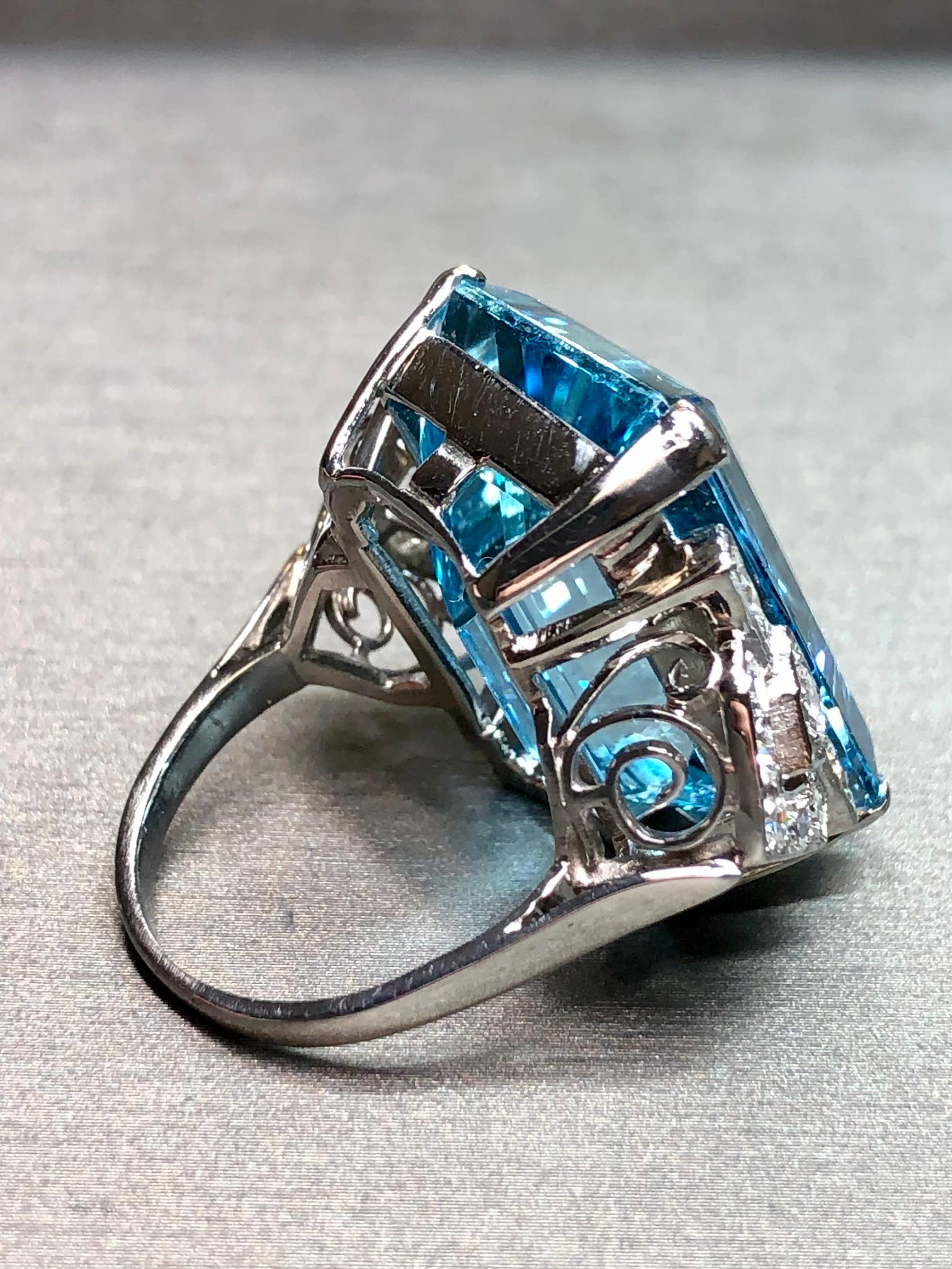 Emerald Cut Vintage 1940’s Santa Maria Aquamarine Diamond Large Cocktail Ring 31.55ct GIA