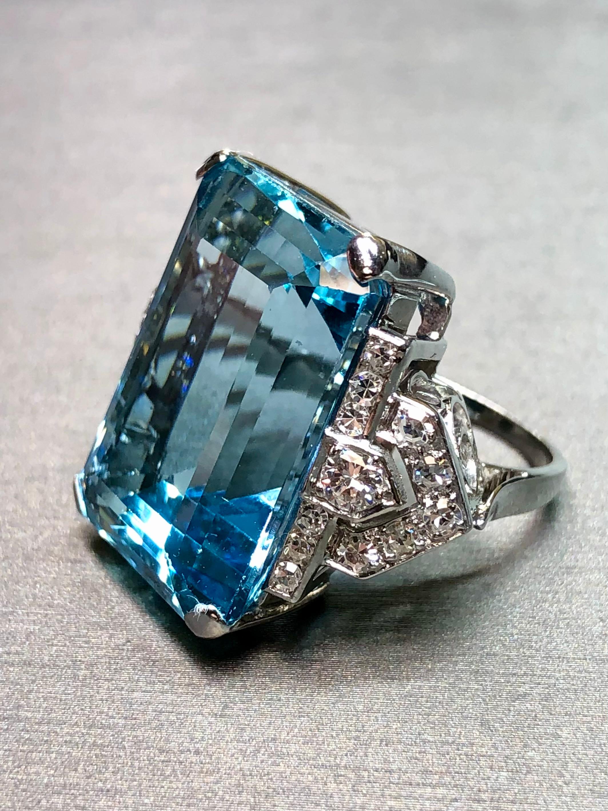 Vintage 1940’s Santa Maria Aquamarine Diamond Large Cocktail Ring 31.55ct GIA 1