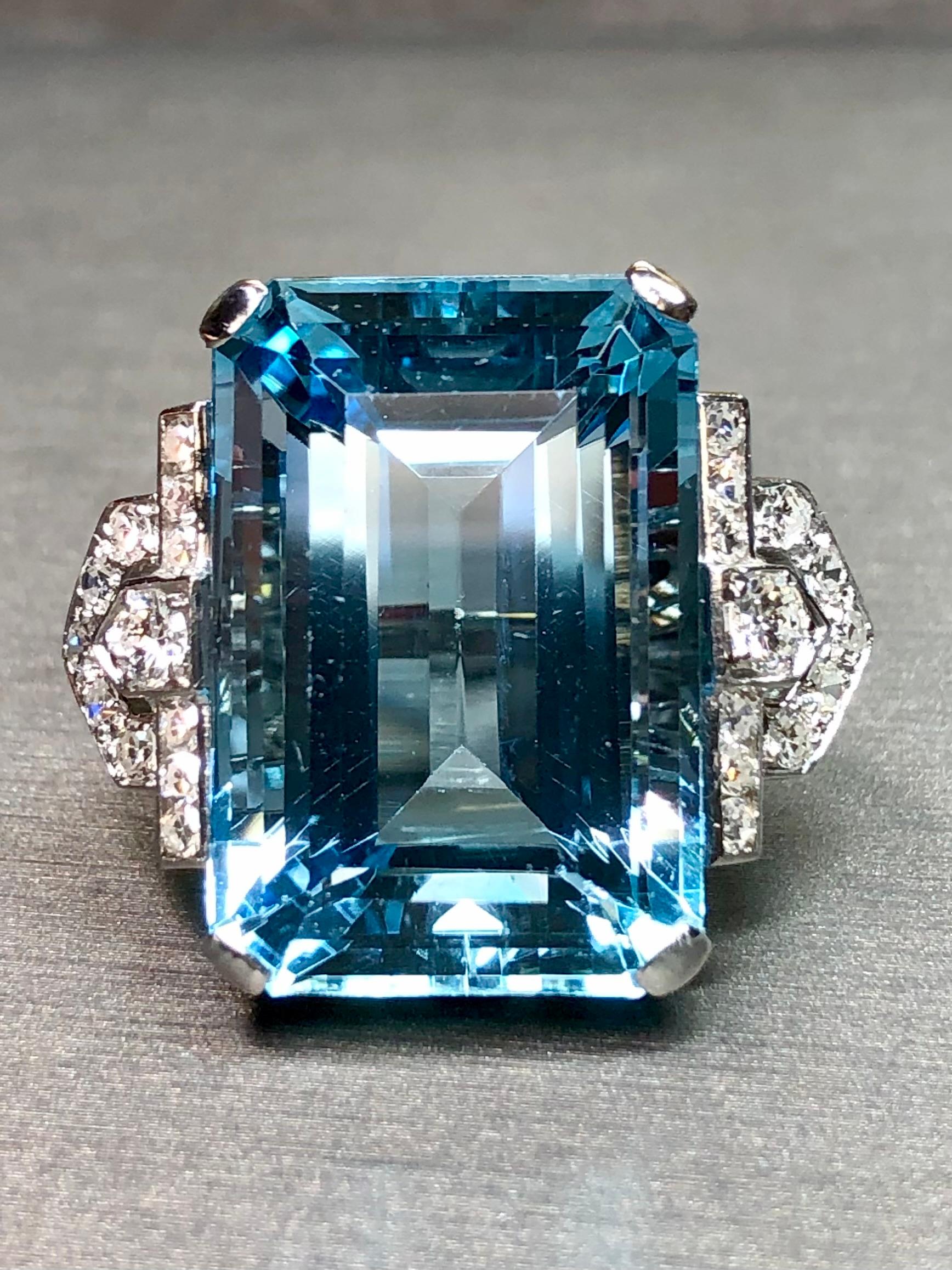 Vintage 1940’s Santa Maria Aquamarine Diamond Large Cocktail Ring 31.55ct GIA 2