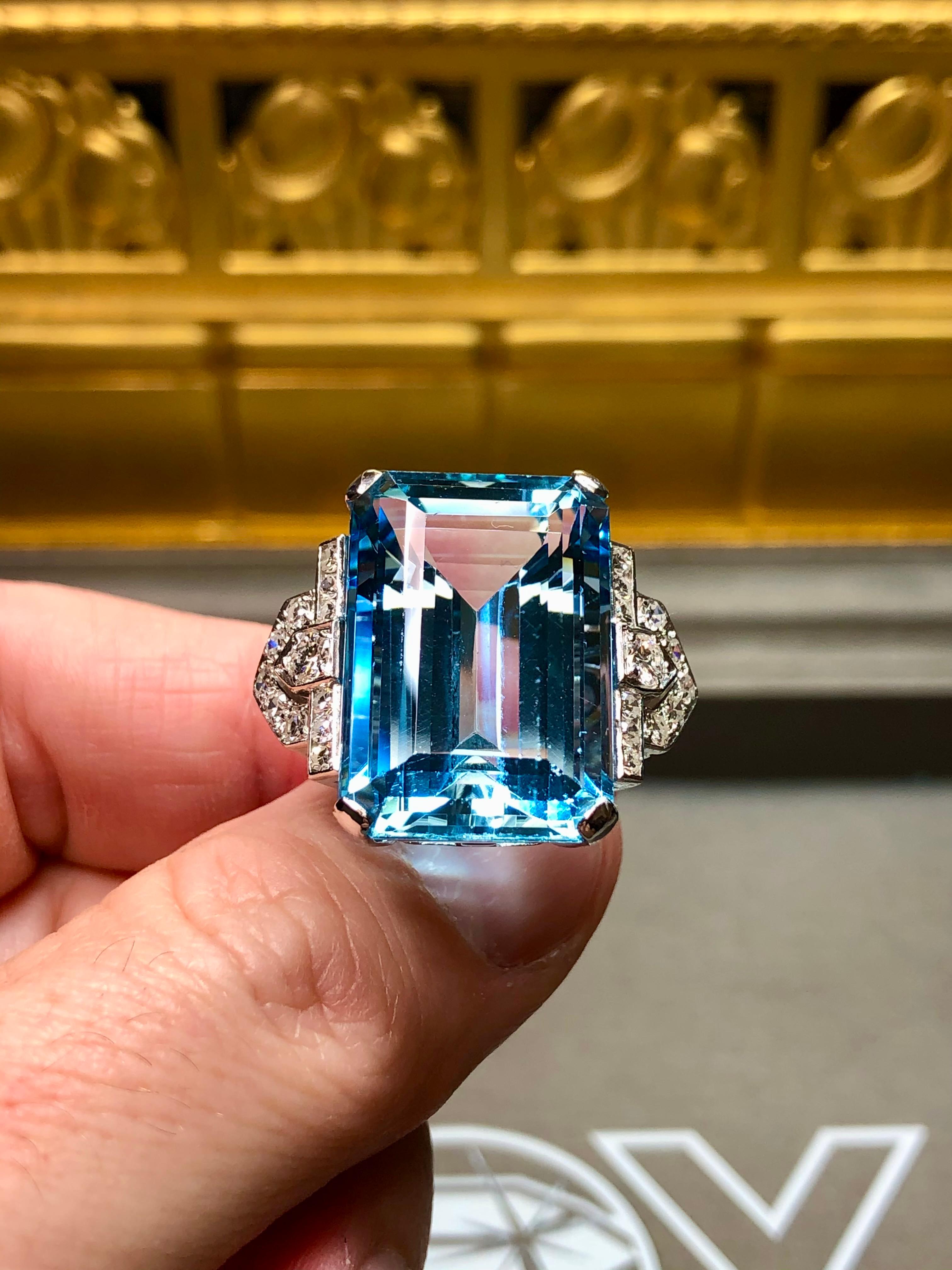 Vintage 1940’s Santa Maria Aquamarine Diamond Large Cocktail Ring 31.55ct GIA 3