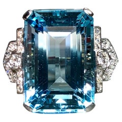 Vintage 1940’s Santa Maria Aquamarine Diamond Large Cocktail Ring 31.55ct GIA