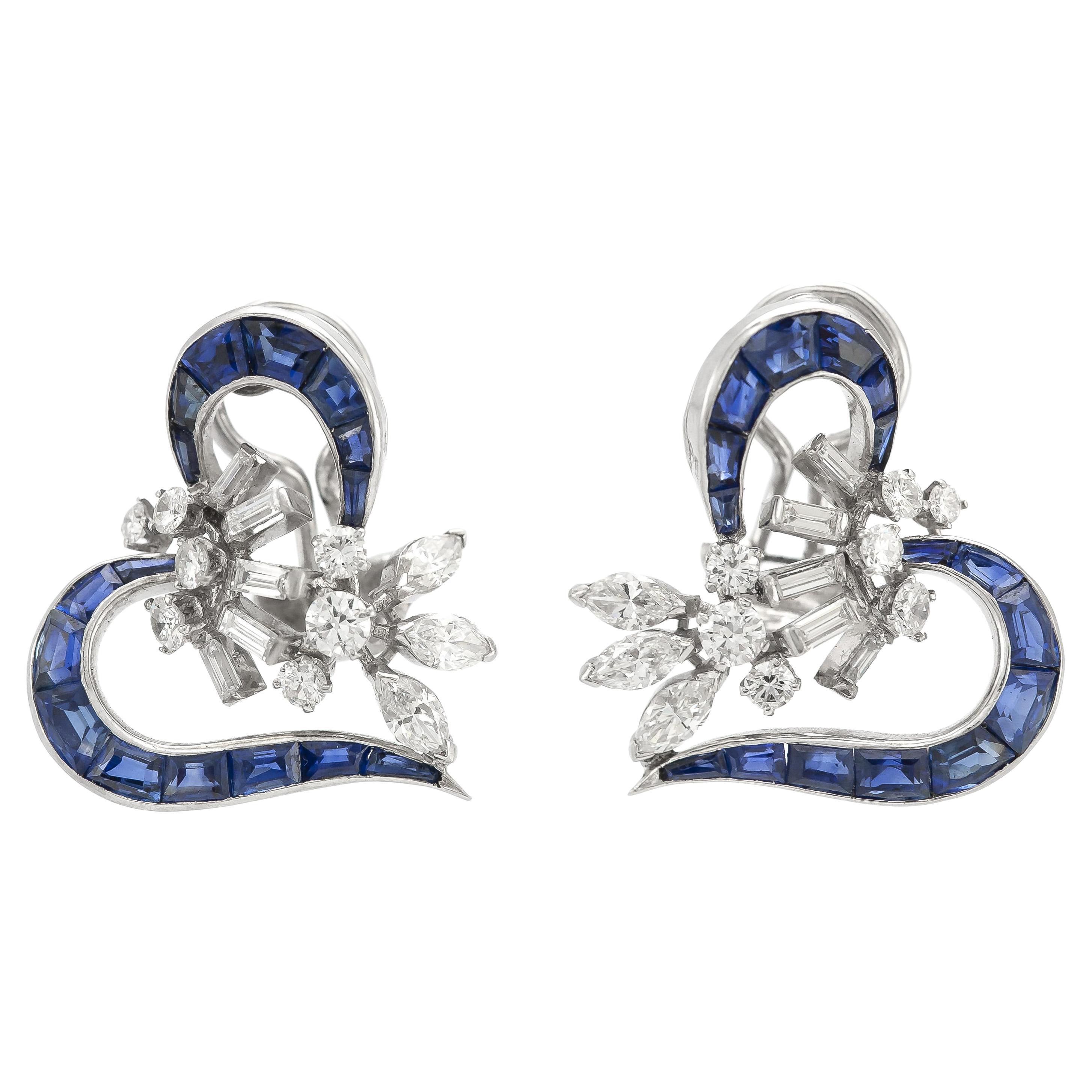 Vintage 1940s Sapphire and Diamond Heart Earrings For Sale