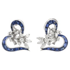 Vintage 1940s Sapphire and Diamond Heart Earrings
