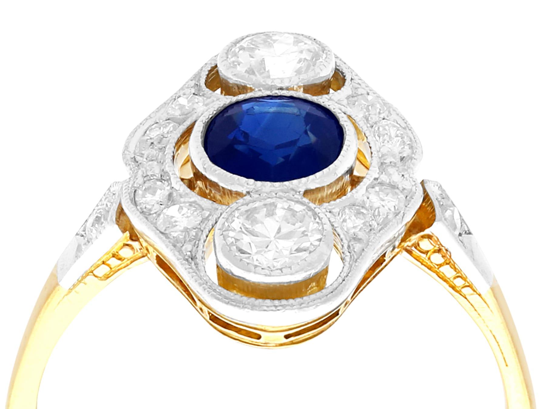 A fine and impressive vintage Art Deco 0.38 carat blue sapphire and 0.50 carat diamond, 14 karat yellow gold and 14 karat white gold set cocktail ring; part of our diverse gemstone jewelry and estate jewelry collections.

This fine and impressive