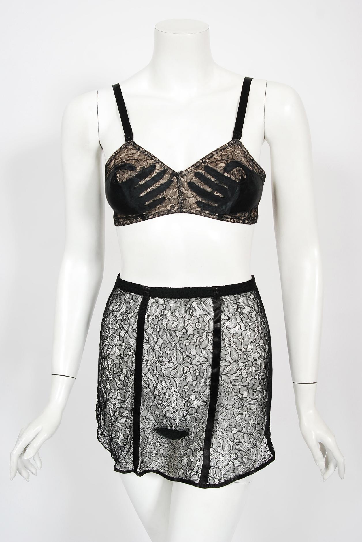 Vintage 1940's Schiaparelli Inspired 'Hands On' Silk Appliqué Lace Bra & Panties 3