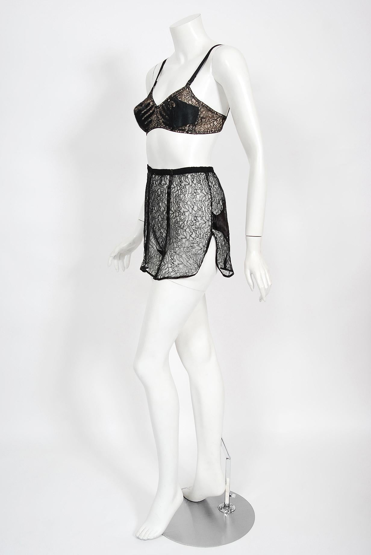 Gray Vintage 1940's Schiaparelli Inspired 'Hands On' Silk Appliqué Lace Bra & Panties