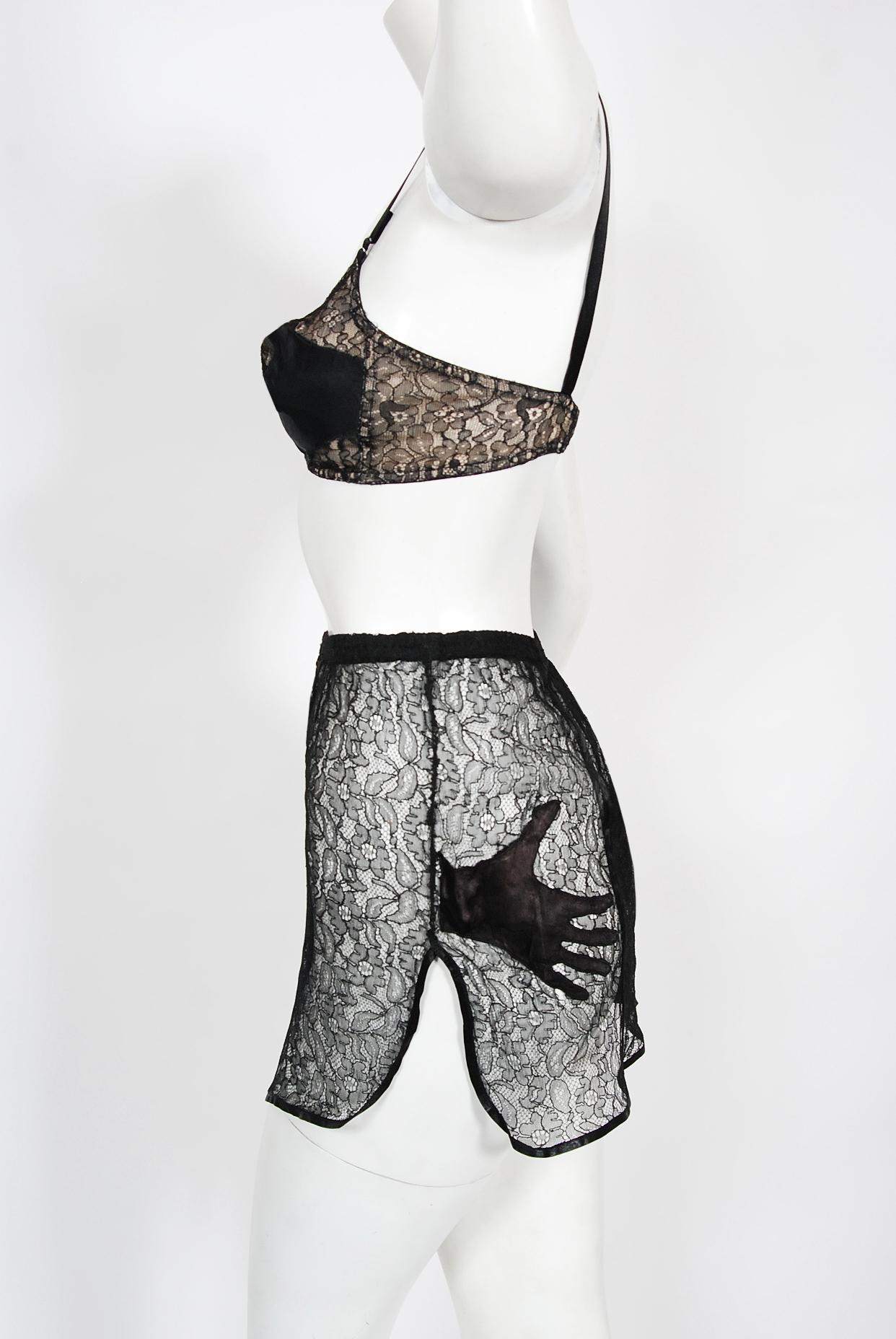 Vintage 1940's Schiaparelli Inspired 'Hands On' Silk Appliqué Lace Bra & Panties In Good Condition In Beverly Hills, CA