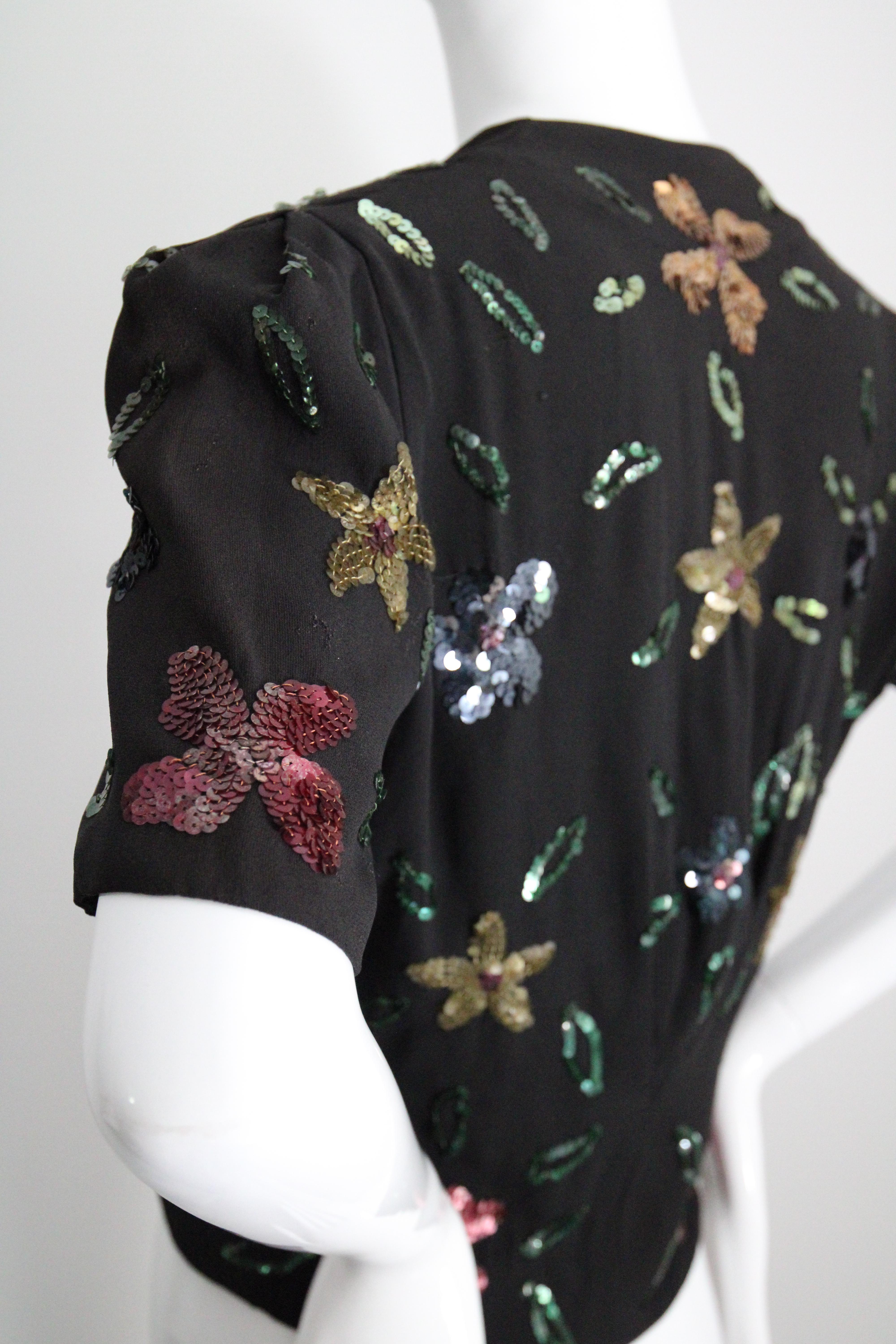 Vintage 1940's sequin jacket 1940s floral sequin black blazer UK 8-10 US 4-6 For Sale 8