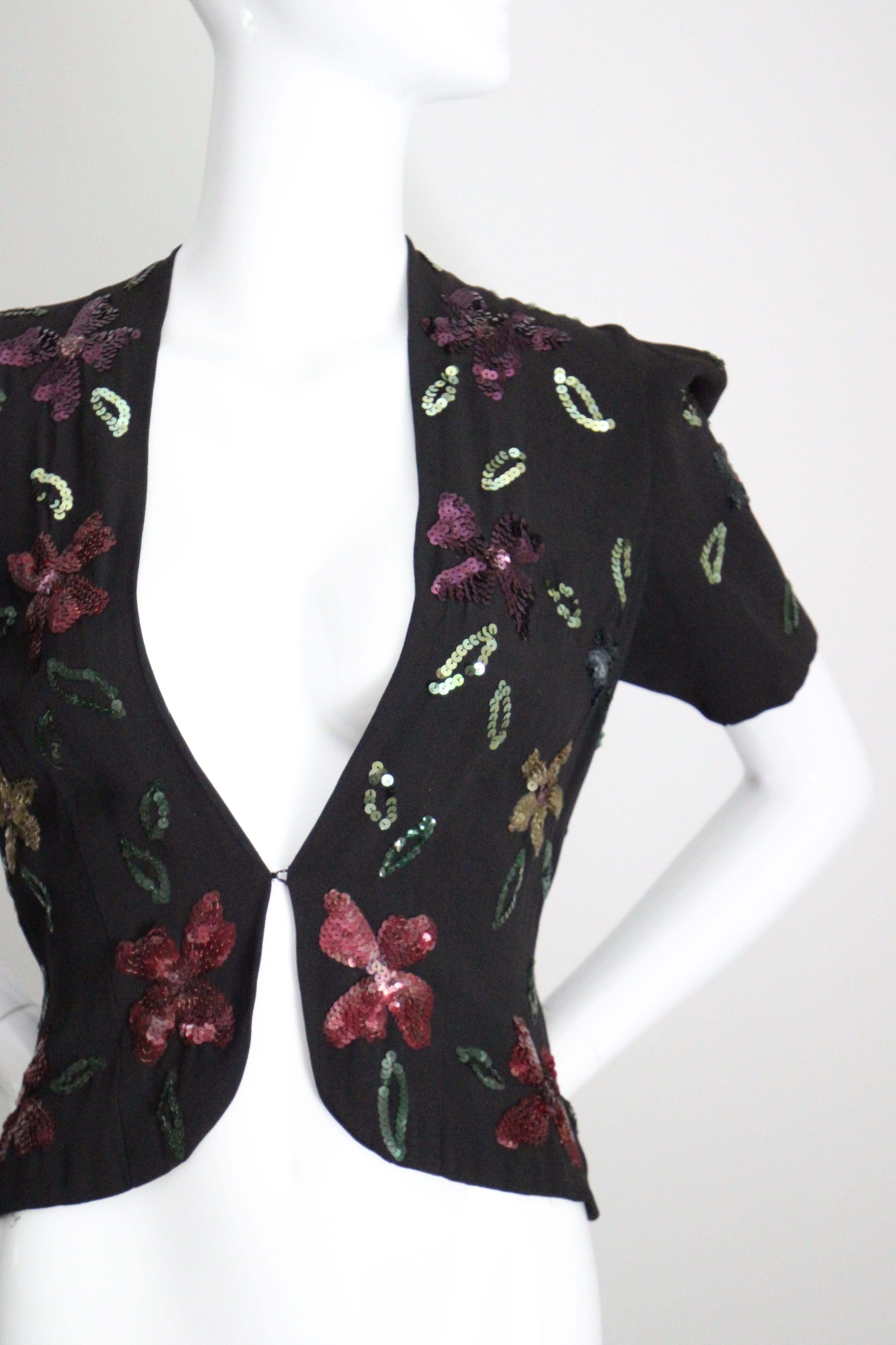 Black Vintage 1940's sequin jacket 1940s floral sequin black blazer UK 8-10 US 4-6 For Sale