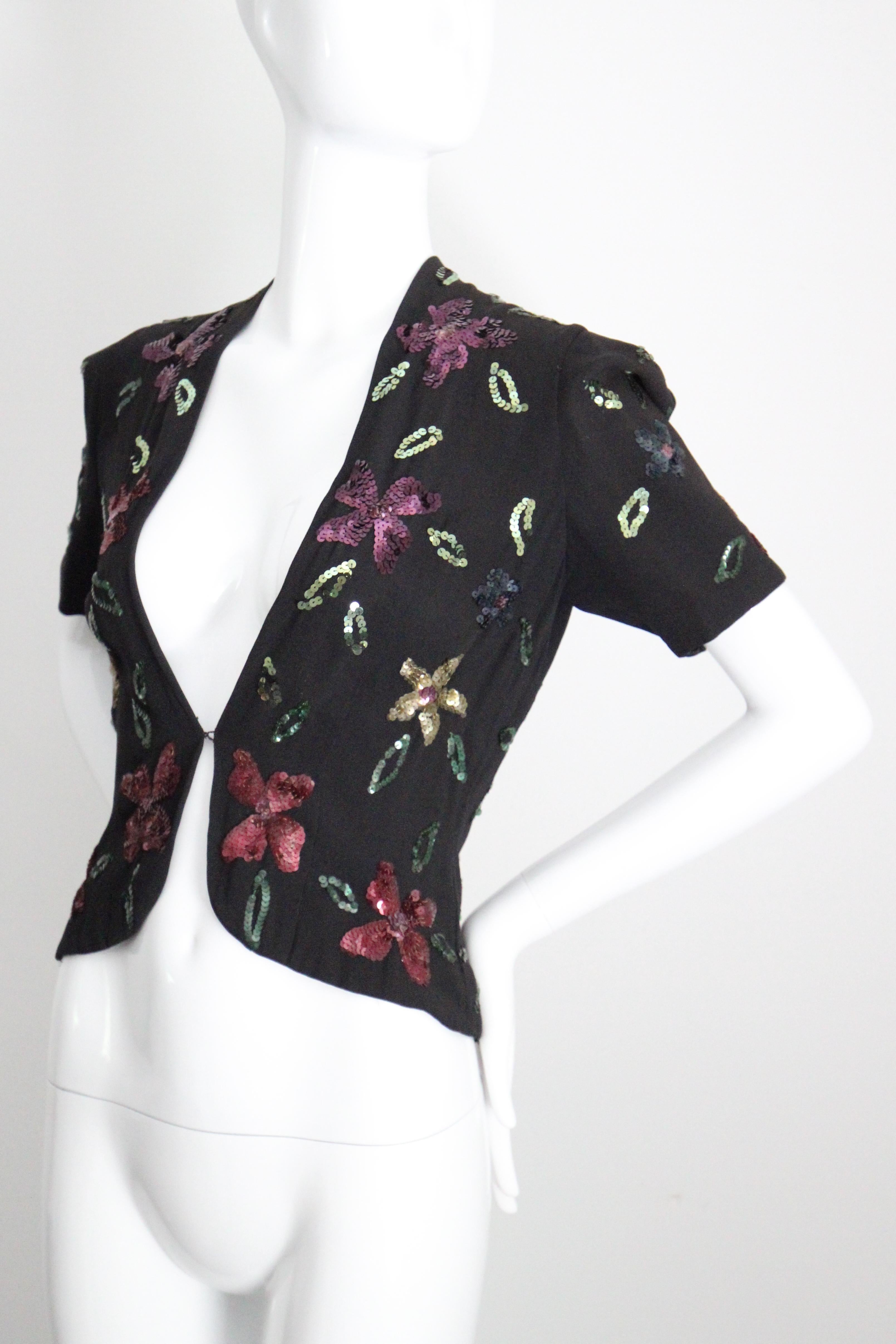 Vintage 1940's sequin jacket 1940s floral sequin black blazer UK 8-10 US 4-6 For Sale 3