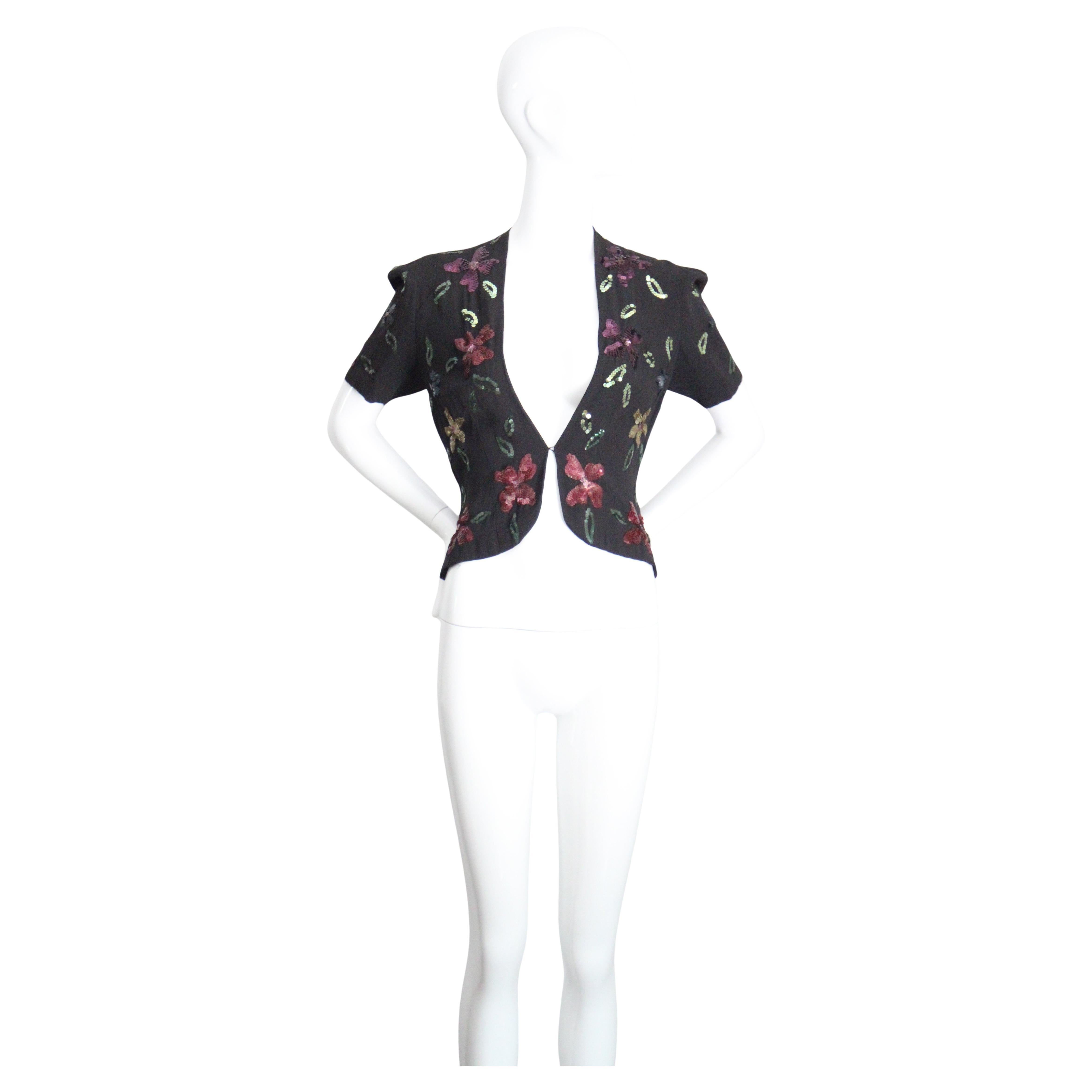 Vintage 1940's sequin jacket 1940s floral sequin black blazer UK 8-10 US 4-6 For Sale