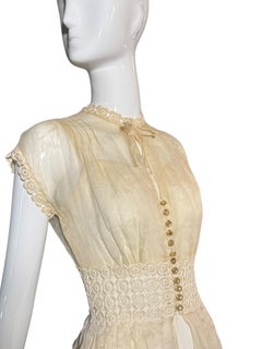 Vintage 1940s Sheer Ivory Organza Dress with Crochet Waist and Lucite Buttons
