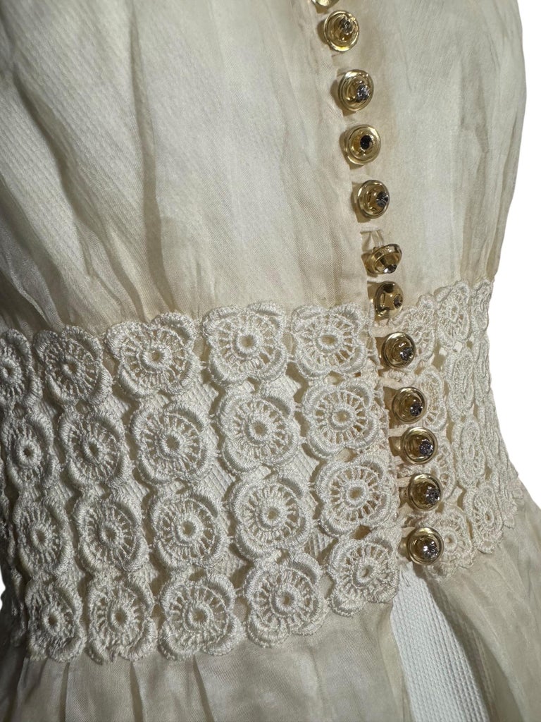 Vintage 1940s Sheer Ivory Organza Dress with Crochet Waist and Lucite  Buttons For Sale at 1stDibs