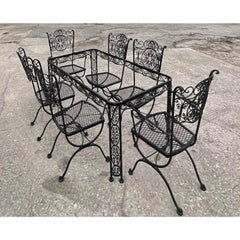 Vintage 1940s Shinnecock Hills Country Club Wrought Iron Dining Table, Set of 7