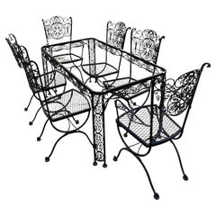 Vintage 1940s Shinnecock Hills Country Club Wrought Iron Dining Table, Set of 7
