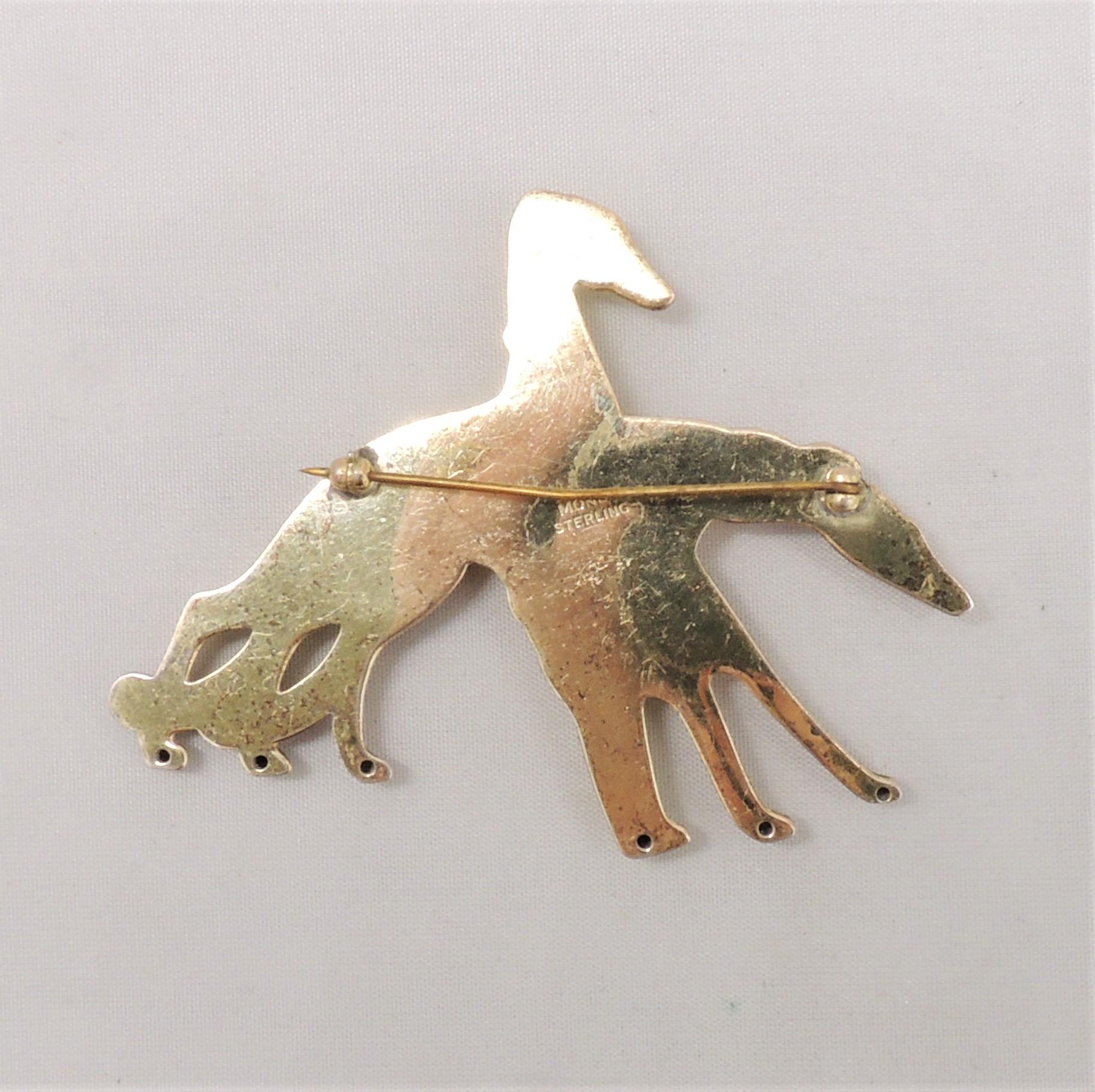 Vintage 1940s Signed Monet Sterling Book Piece Greyhounds Brooch For Sale 1