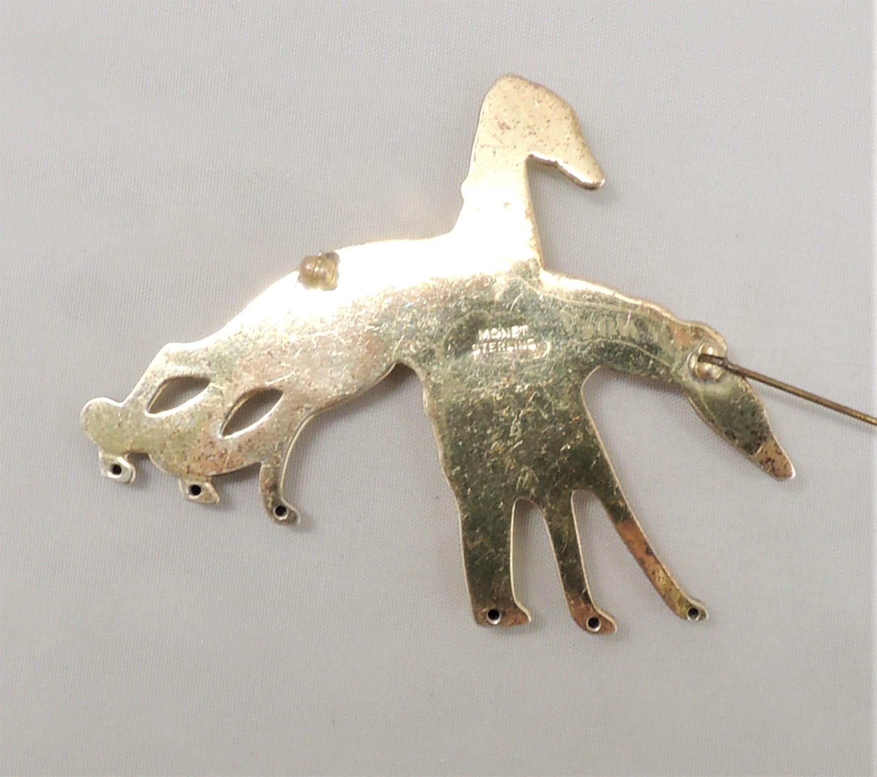 Vintage 1940s Signed Monet Sterling Book Piece Greyhounds Brooch For Sale 2