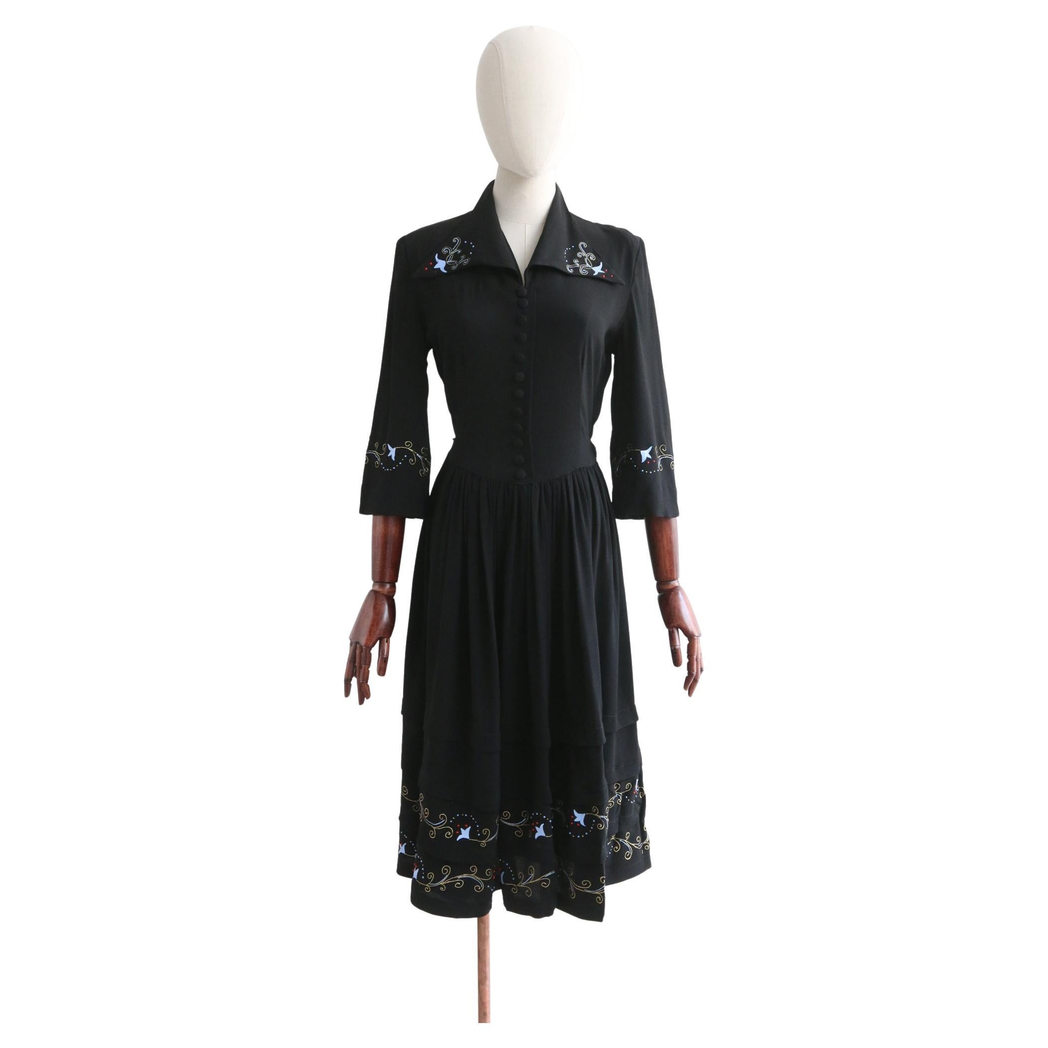 Vintage 1940's Silk CC41 Hand-Painted Dress UK 8 US 4