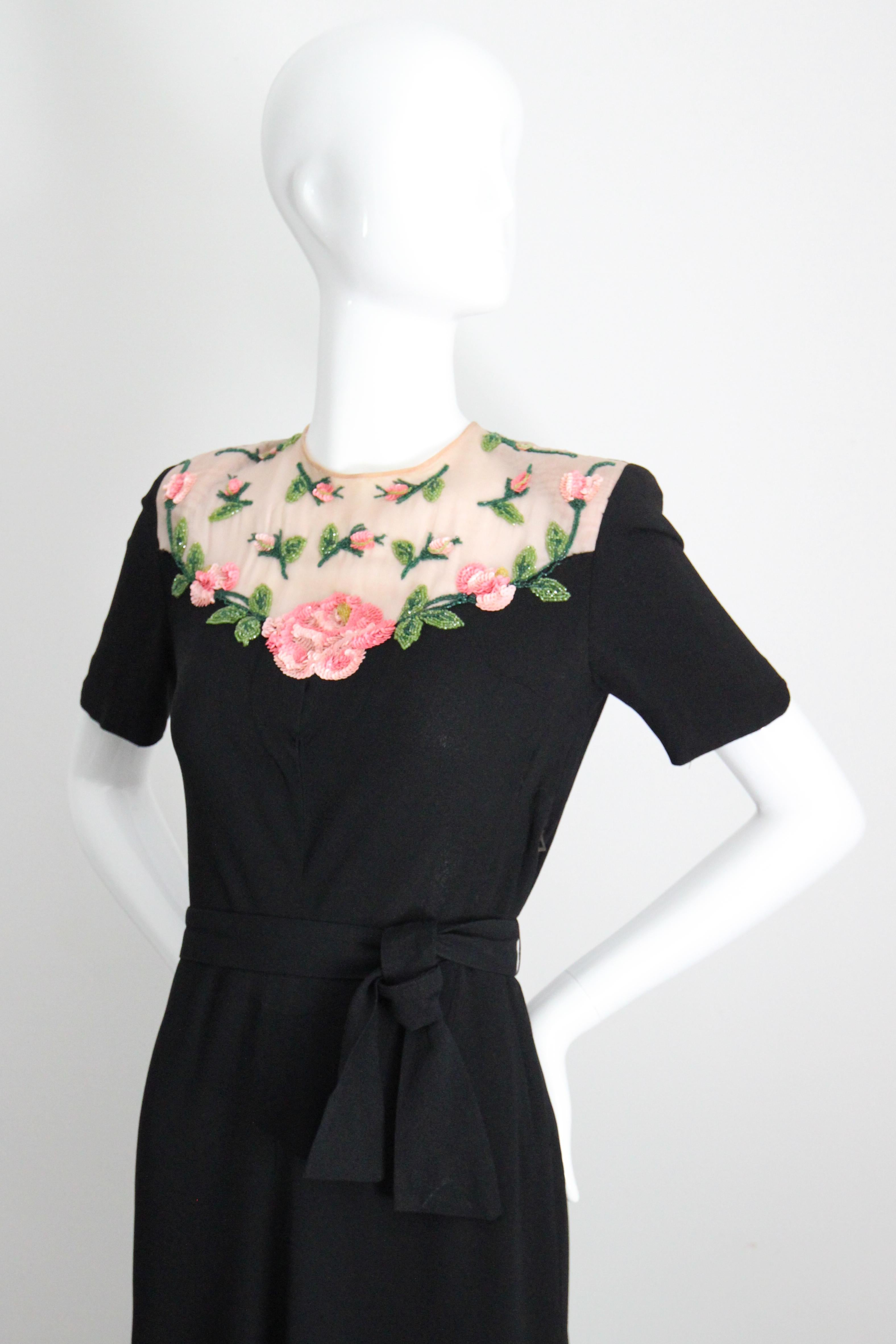 Vintage 1940's Seidenkleid Illusionsausschnitt Rose Paillettenkleid UK 8-10 US 4-6 im Angebot 5